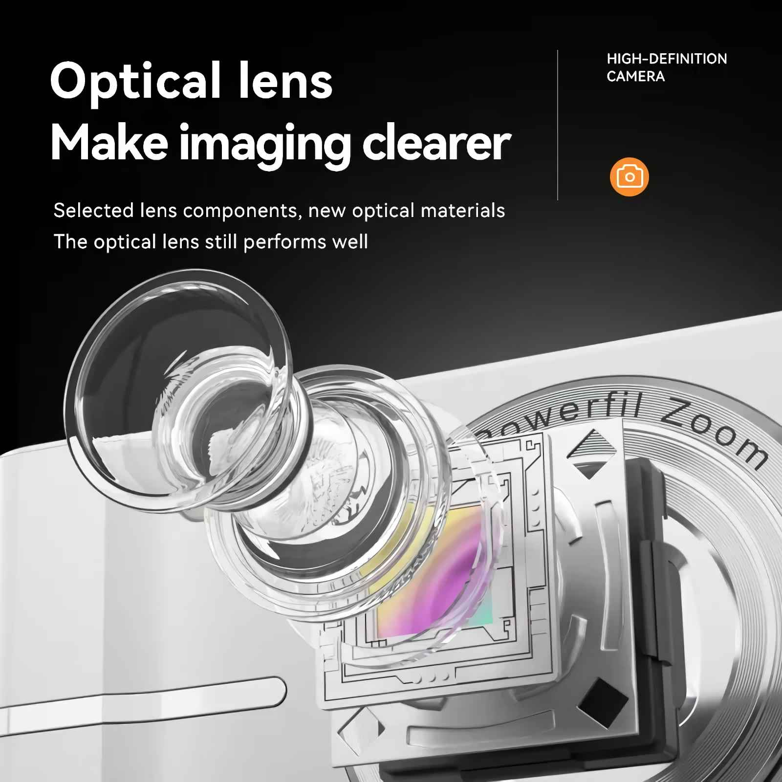 Nahaufnahme einer Kameraoptik mit Linse und Sensor. Text: Hochauflösende Kamera.