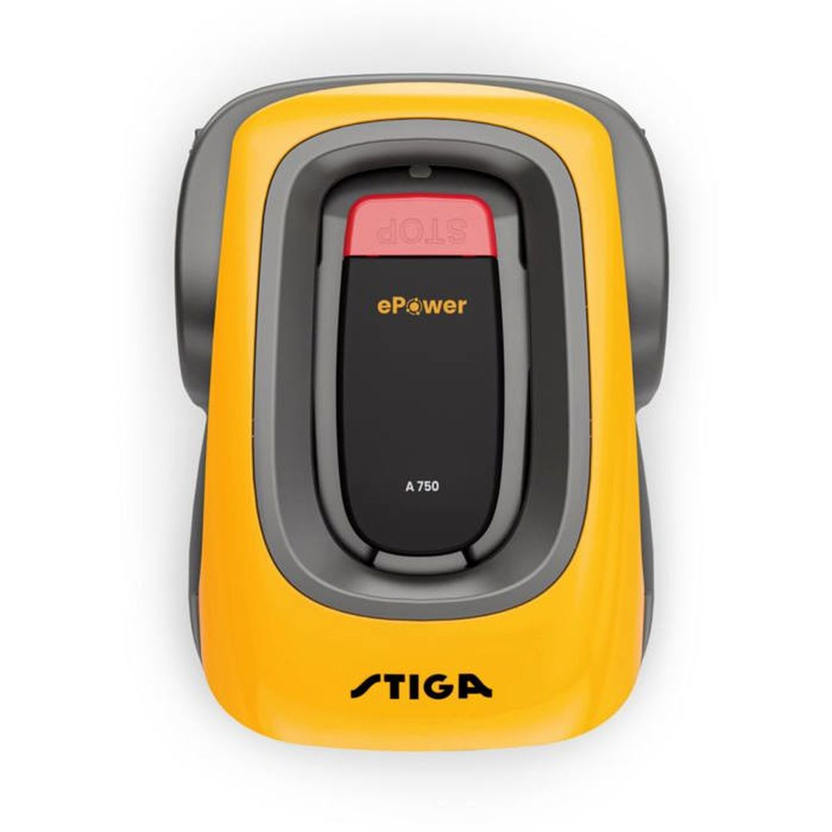 Un cortacésped amarillo con panel de control negro, botón rojo de parada y logo STIGA.