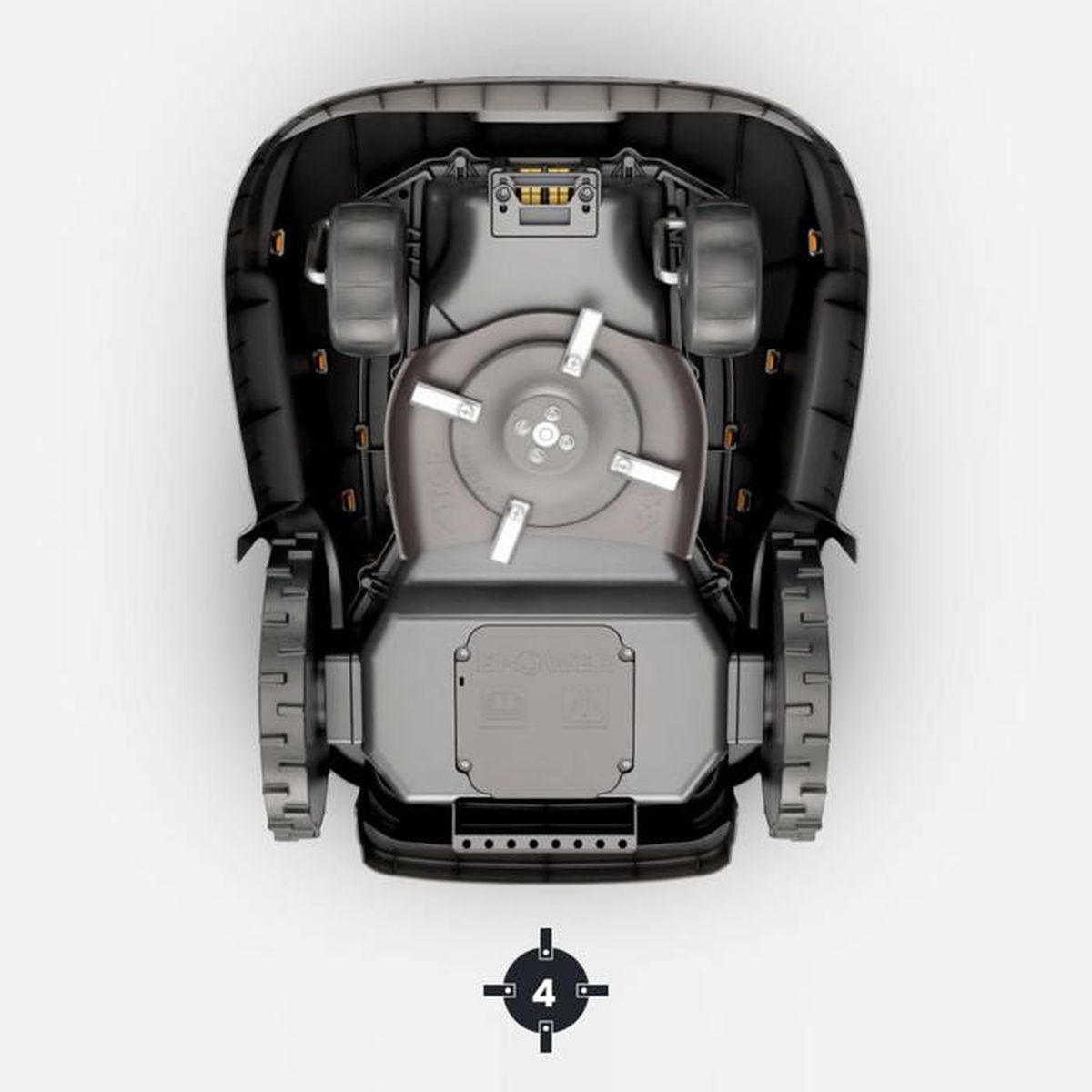Vista inferior de un robot cortacésped con ruedas, plato de corte y carcasa.