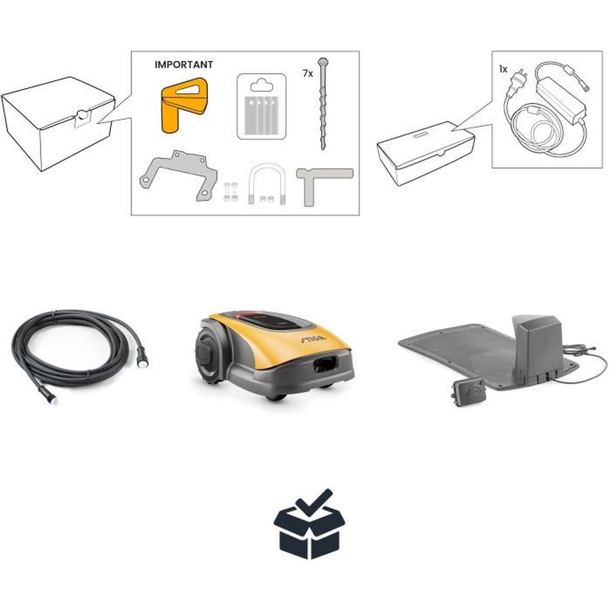 El diagrama muestra piezas para un robot cortacésped: cable, cortacésped, estación de carga y accesorios.