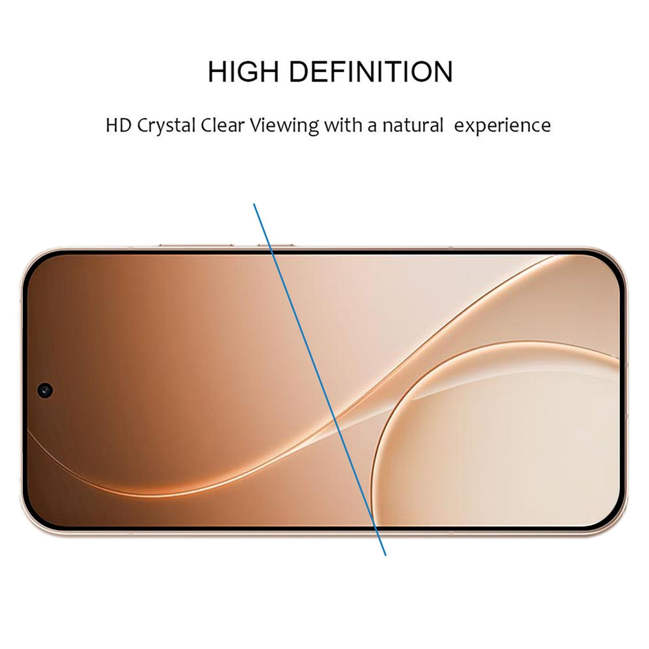 Schermo smartphone dorato con grafica astratta e linea blu.
