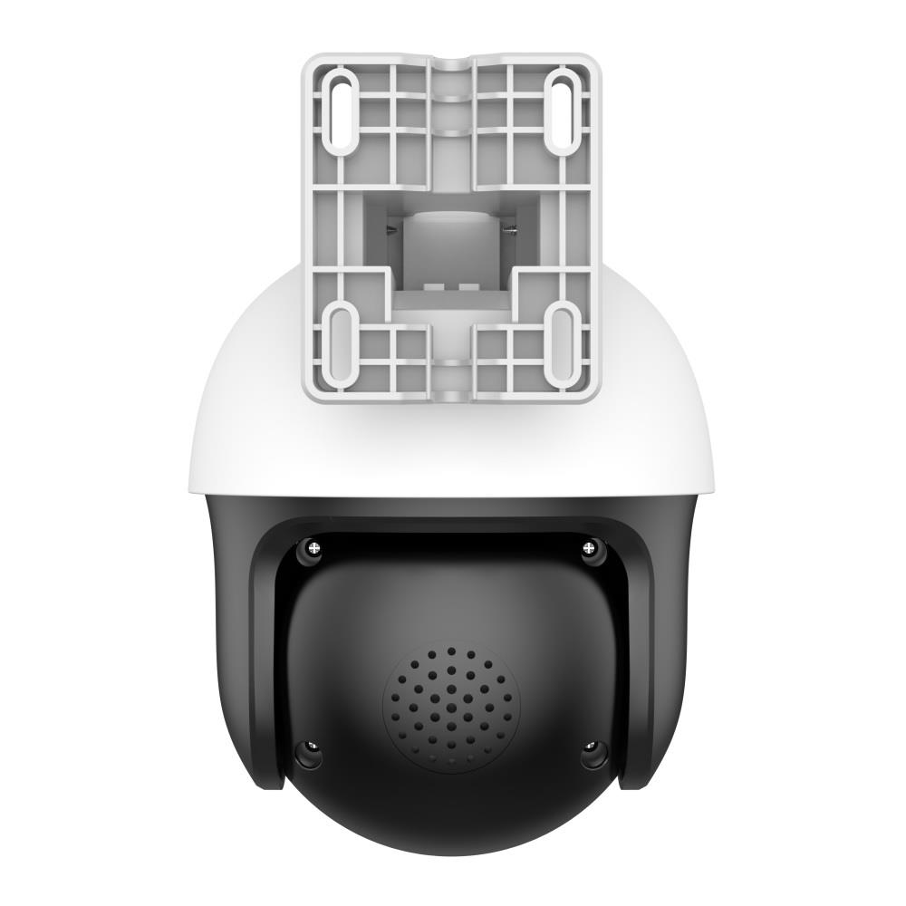 Caméra de sécurité blanche et noire avec support de montage. La caméra a une grille de haut-parleur.