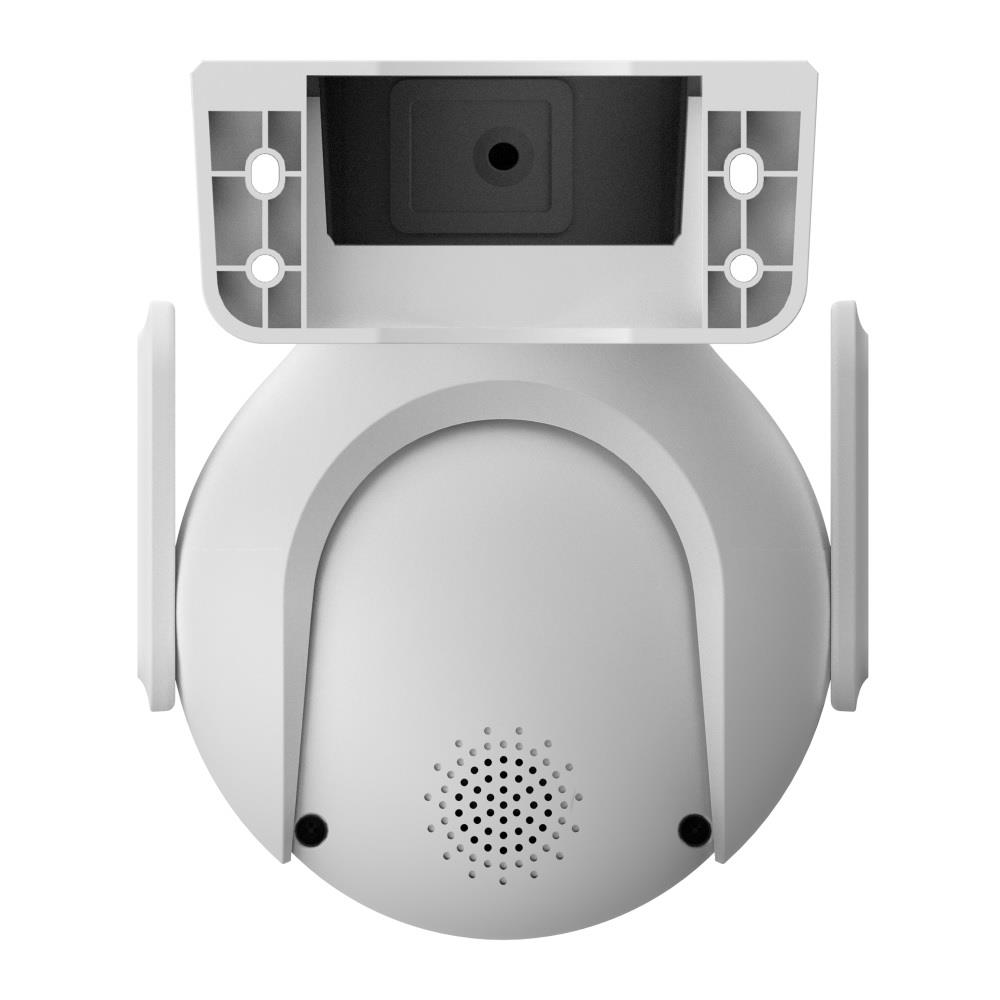 Caméra de sécurité blanche avec objectif et grille de haut-parleur.