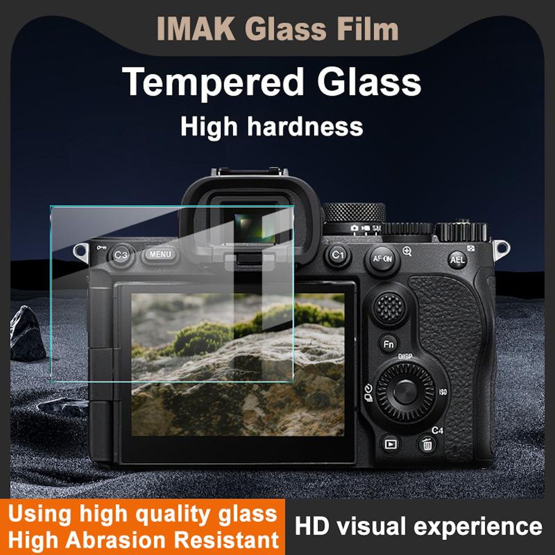 Displays a camera screen protector on a camera body. Text mentions Tempered Glass.