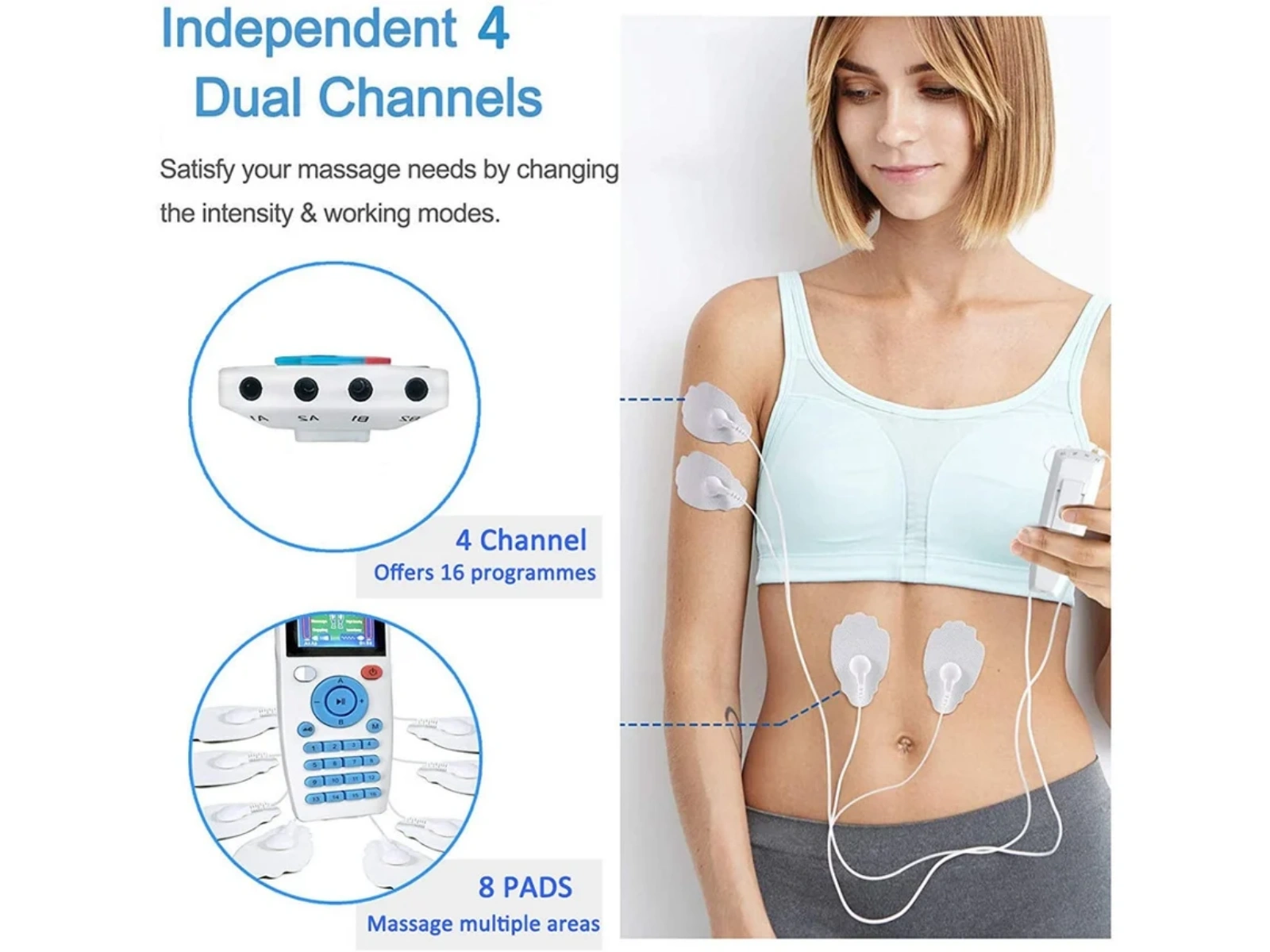 Frau mit EMS-Gerät, Elektroden an Arm und Bauch, Fernbedienung in der Hand.