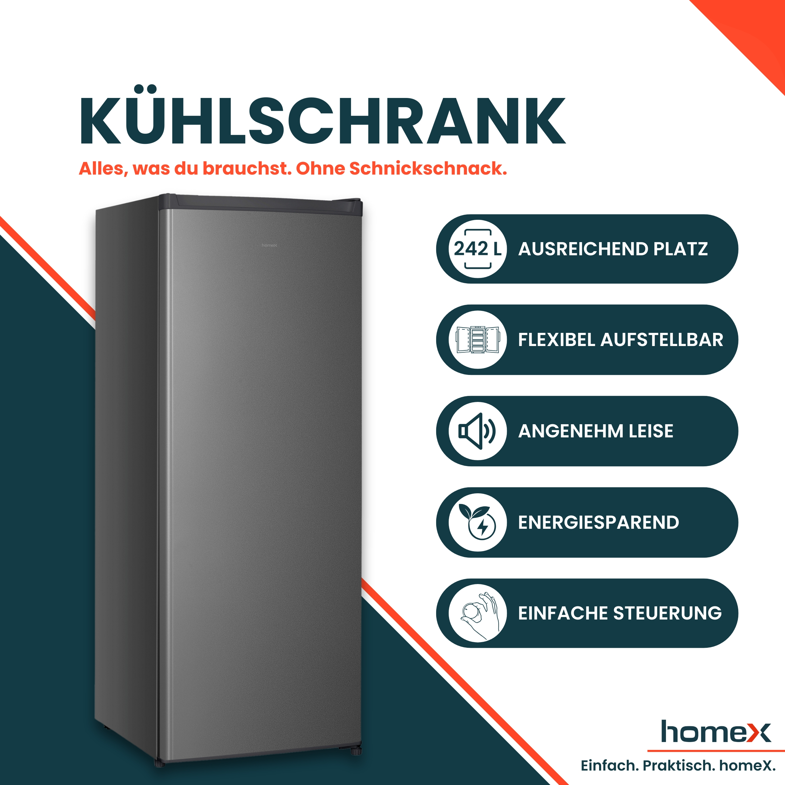 Ein moderner grauer Kühlschrank mit Beschriftungen zu Funktionen.