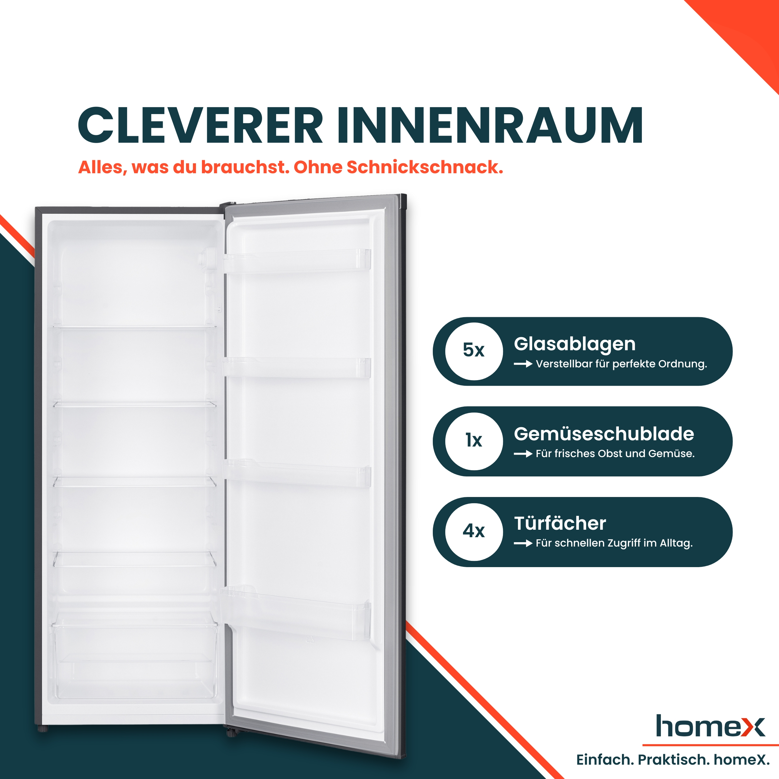 Ein leerer Kühlschrank mit offenen Türen, Glasablagen, Gemüseschublade und Türfächern.