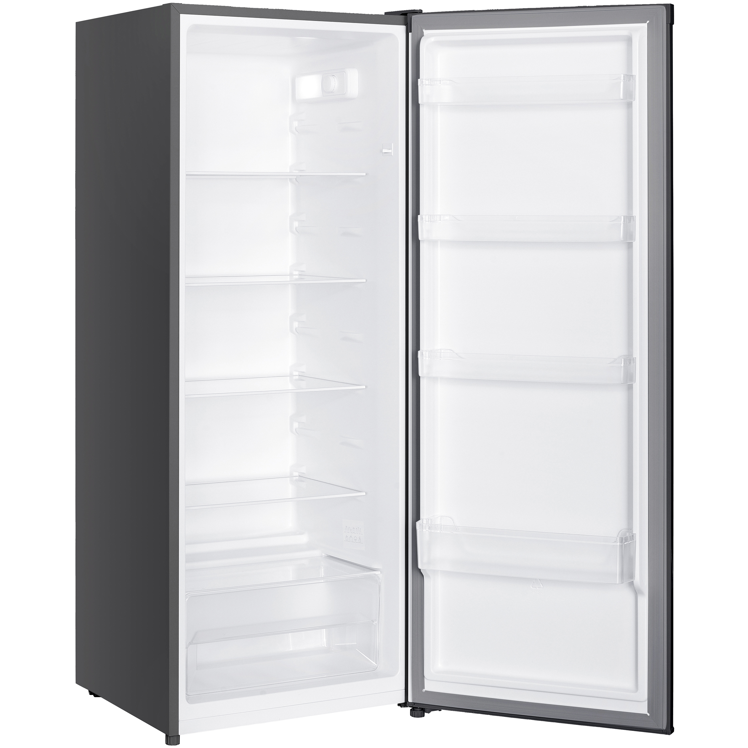 Ein offener, dunkler Kühlschrank mit weißen Regalen und Türfächern.