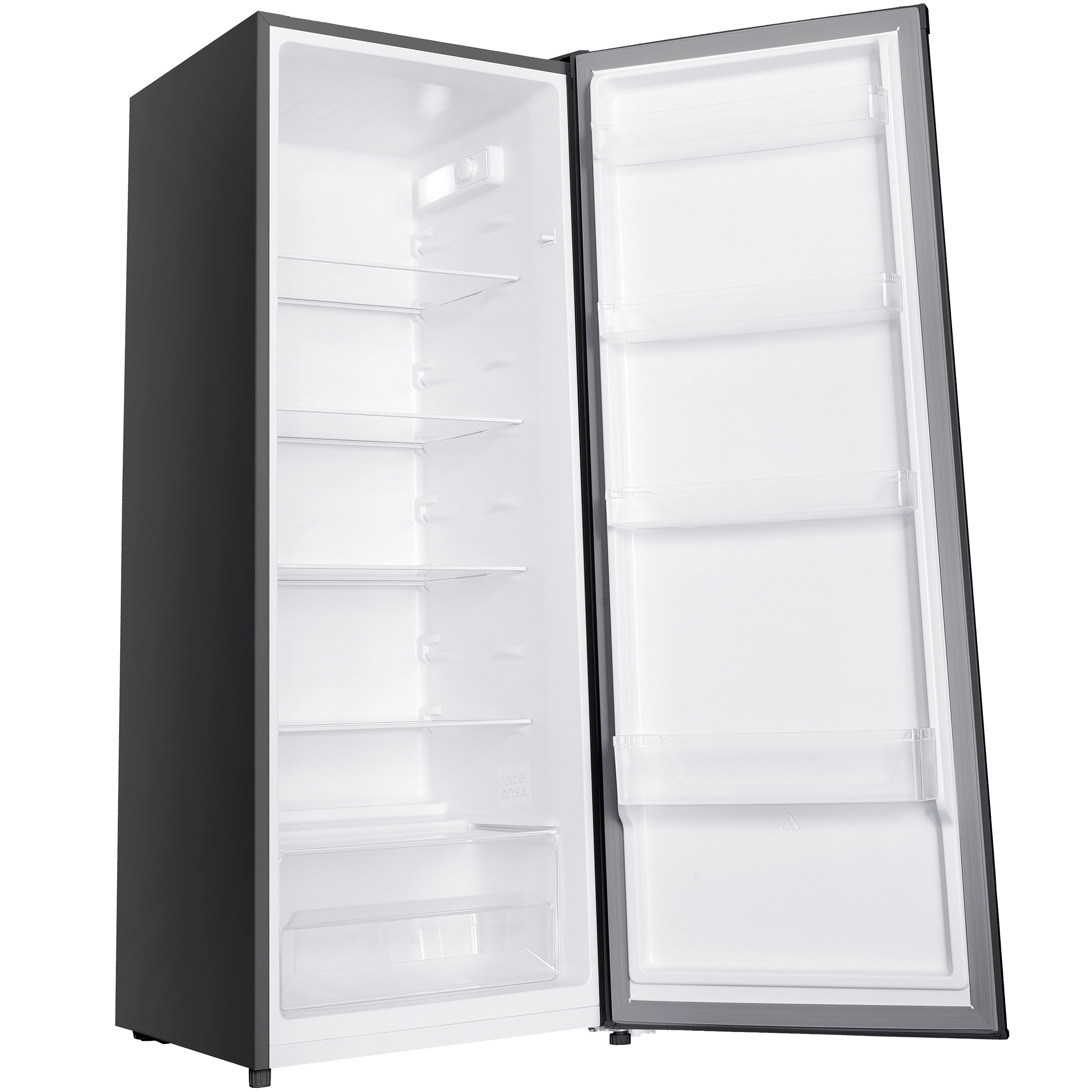 Ein schwarzer Kühlschrank mit geöffneter Tür und weißen Regalen und Schubladen.
