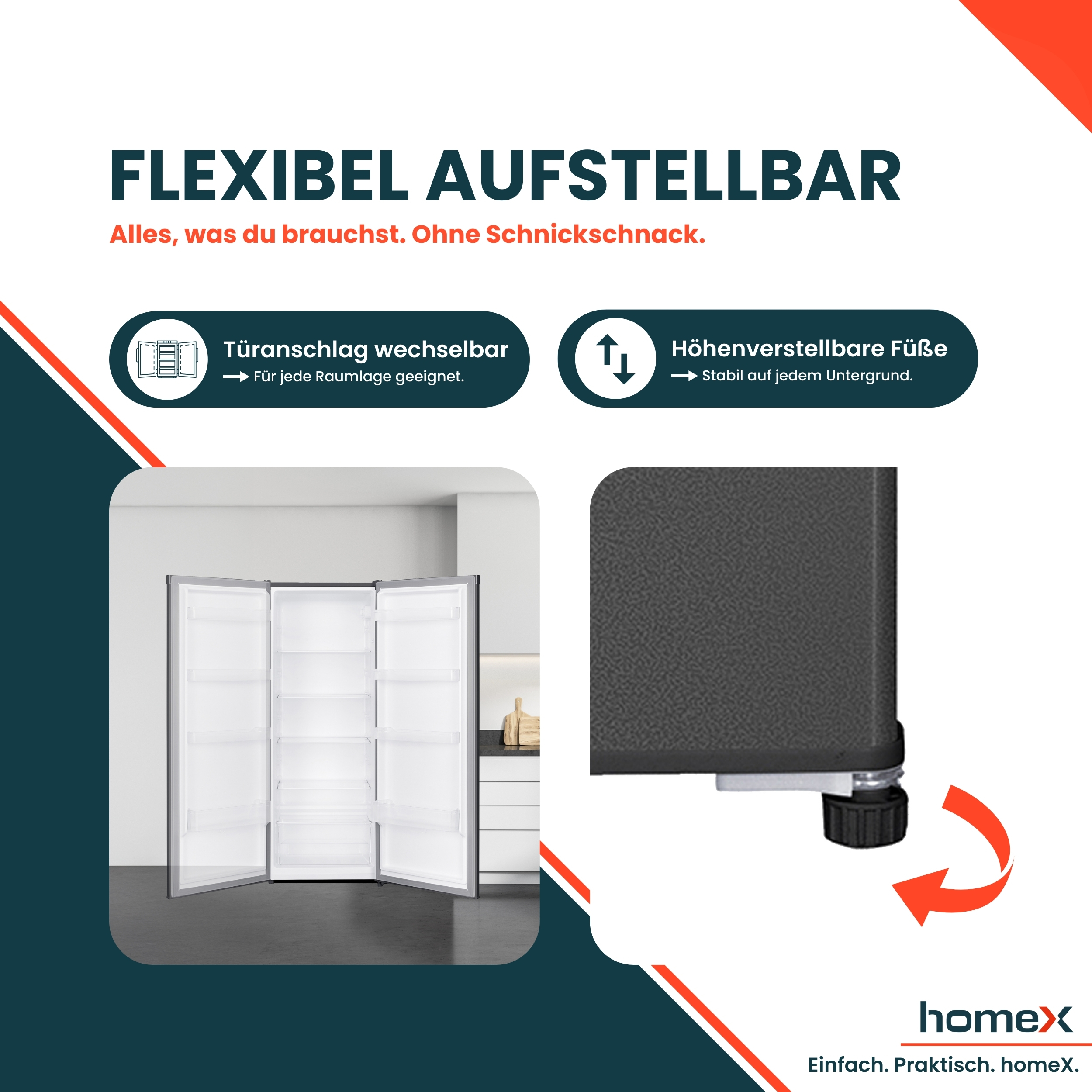 Ein offener Kühlschrank mit wechselbarem Türanschlag und höhenverstellbaren Füßen.