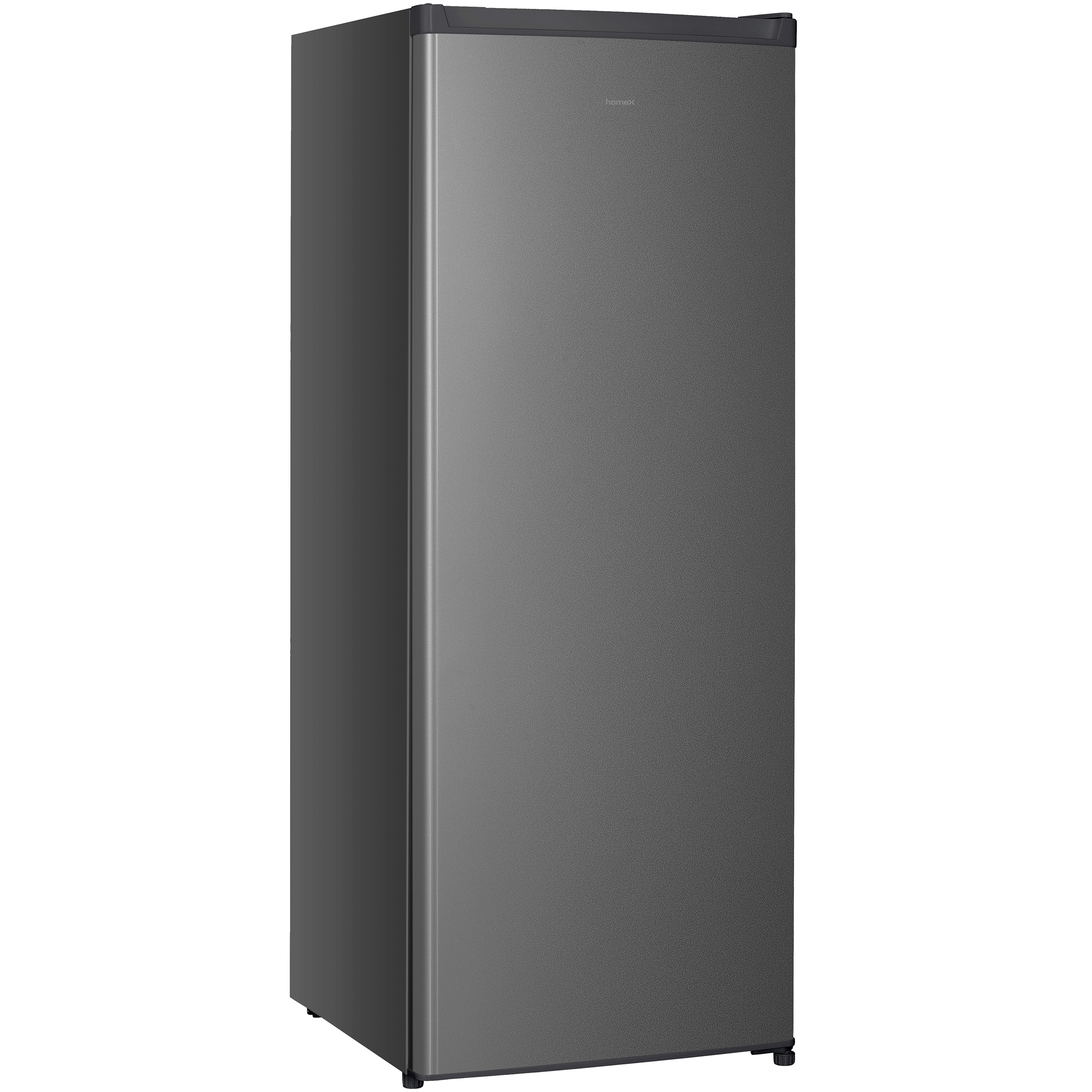 Ein schmaler, grauer Kühlschrank mit einer glatten Oberfläche und einem schwarzen Griff.