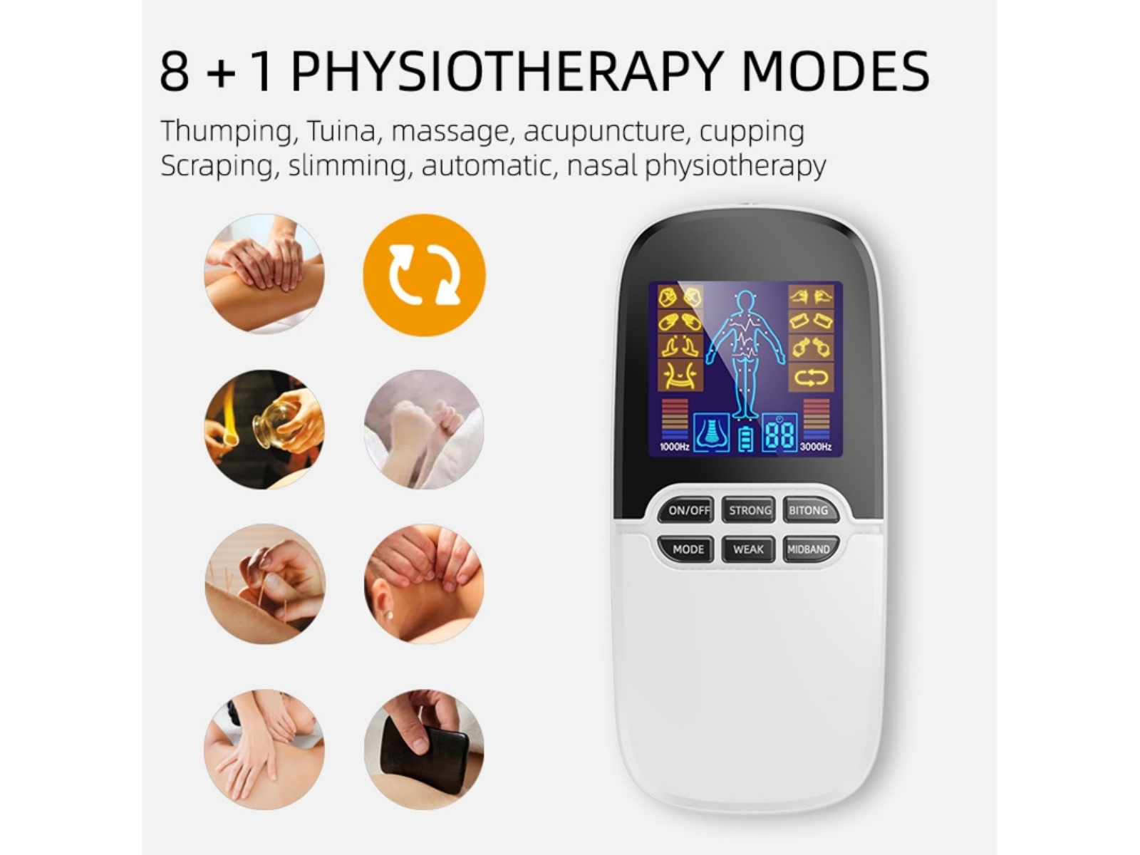 Ein physiotherapeutisches Gerät mit verschiedenen Modi: Massage, Akupunktur, Schröpfen.