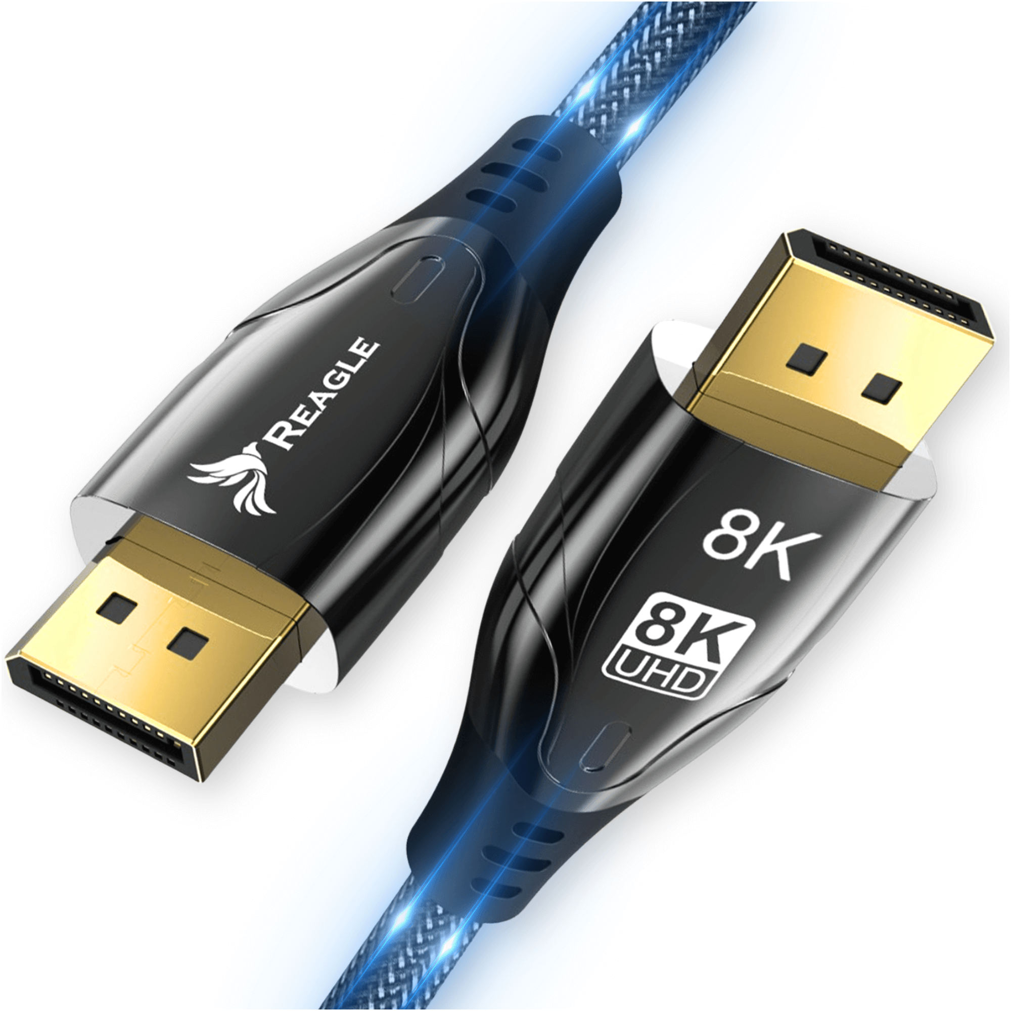 Dwa czarne kable ze złotymi złączami, jeden z napisem 8K.