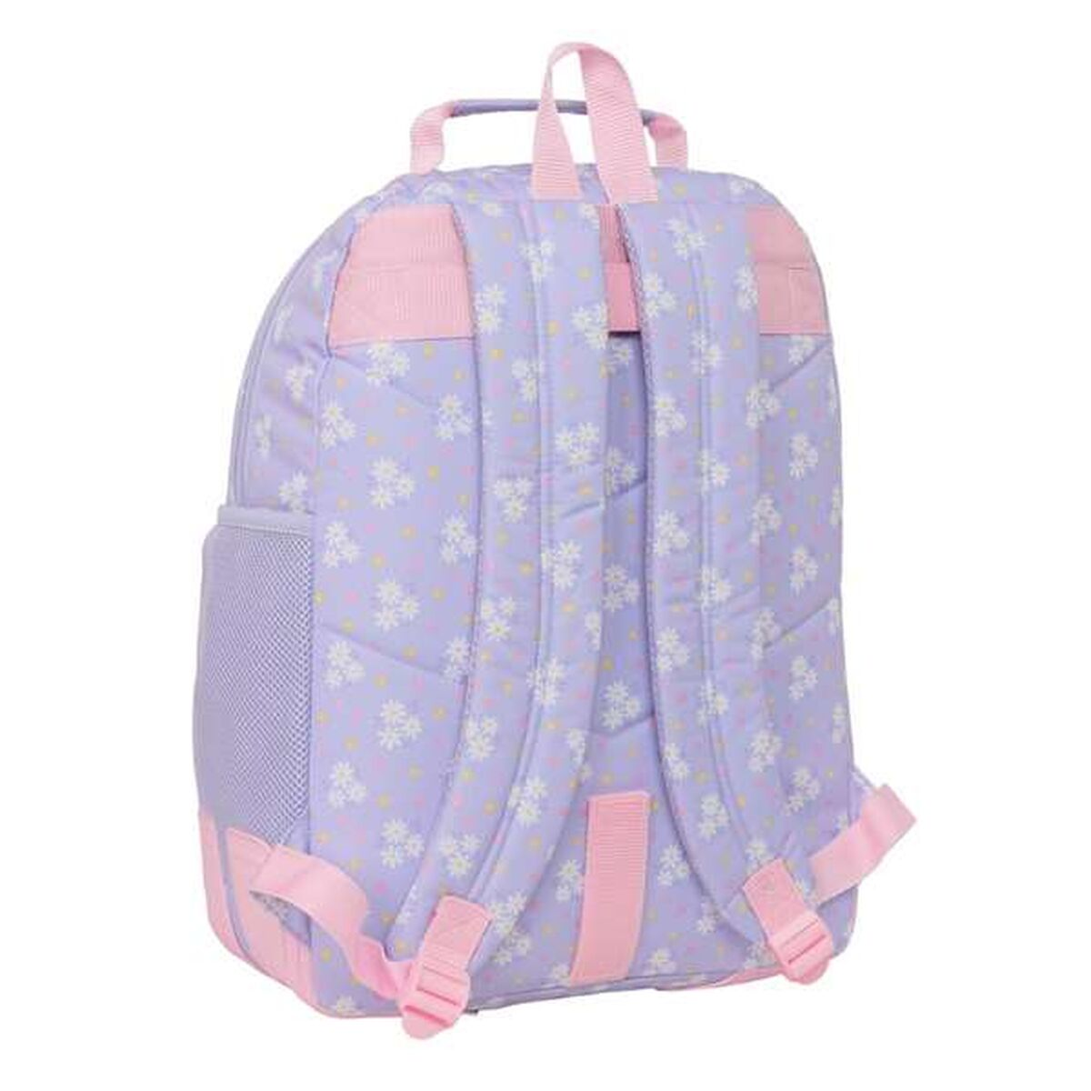 Ein lavendelfarbener Rucksack mit Blumenmuster und rosa Trägern.