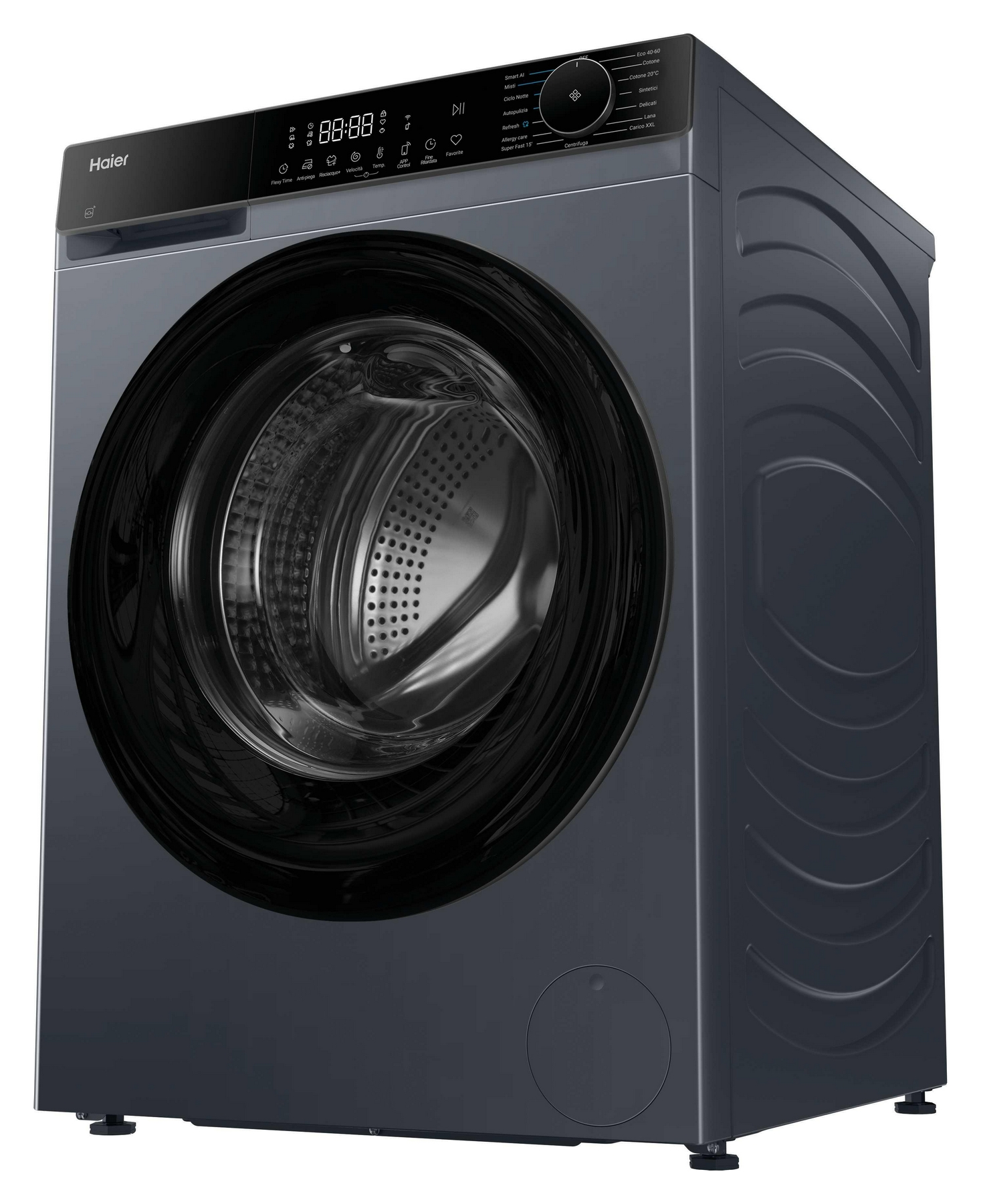 Lavatrice Haier grigia con pannello digitale e oblò tondo.