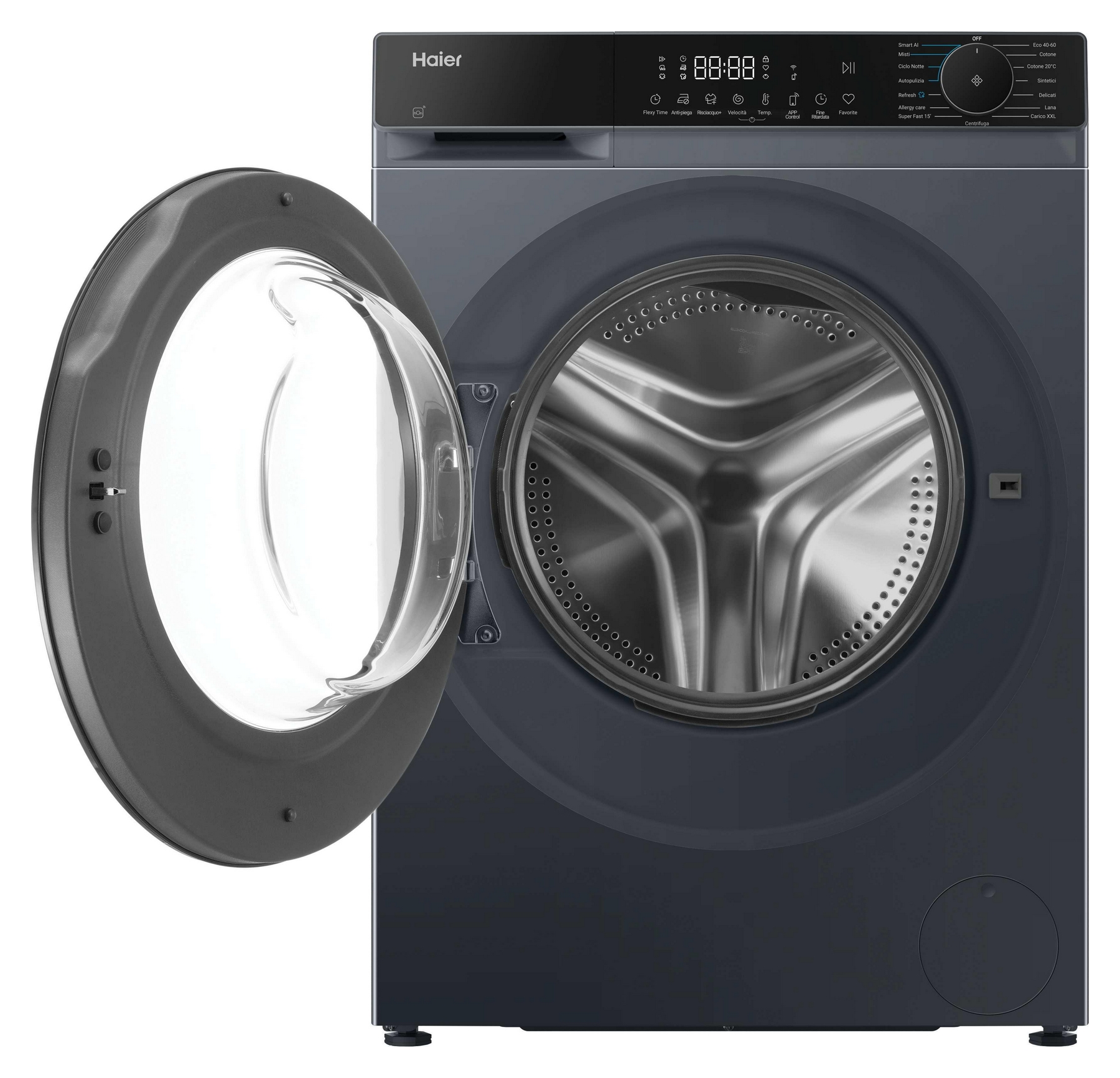 Una lavatrice Haier grigia con oblò aperto e pannello di controllo digitale.