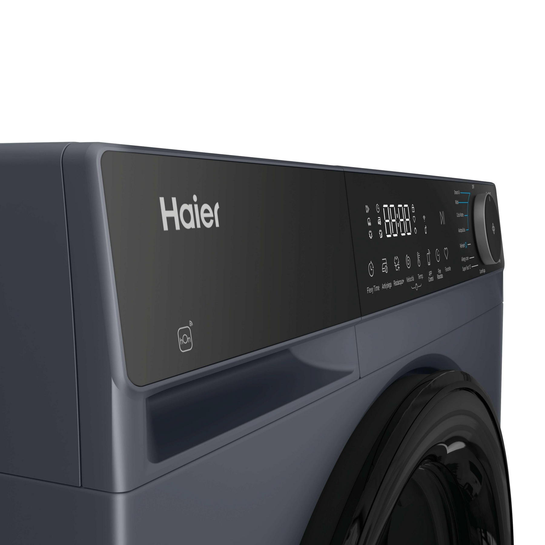 Lavatrice Haier grigia con pannello di controllo digitale e oblò nero.