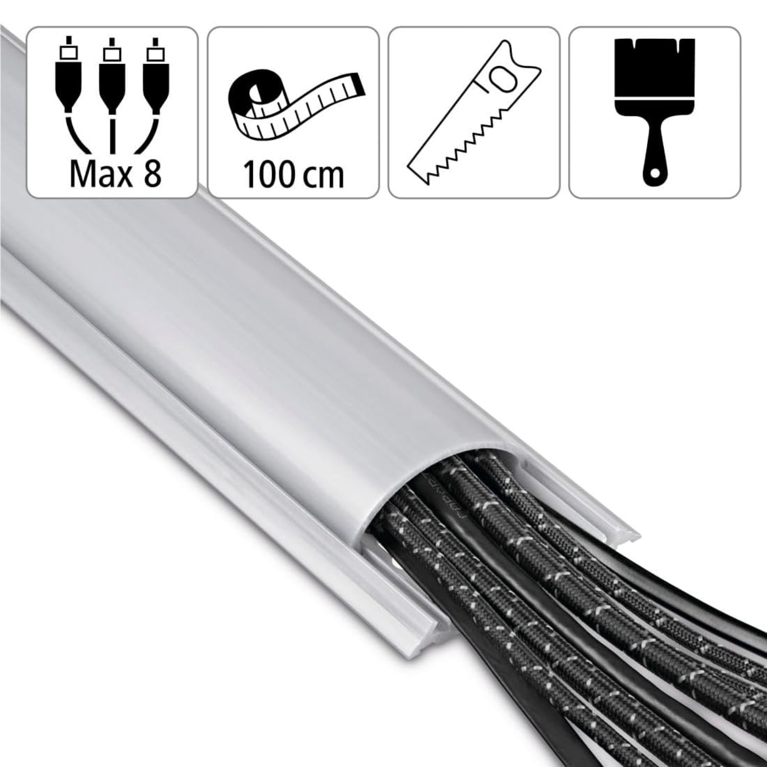 Grauer Kabelkanal mit schwarzen Kabeln. Symbole für Stecker, Maßband, Säge und Pinsel.