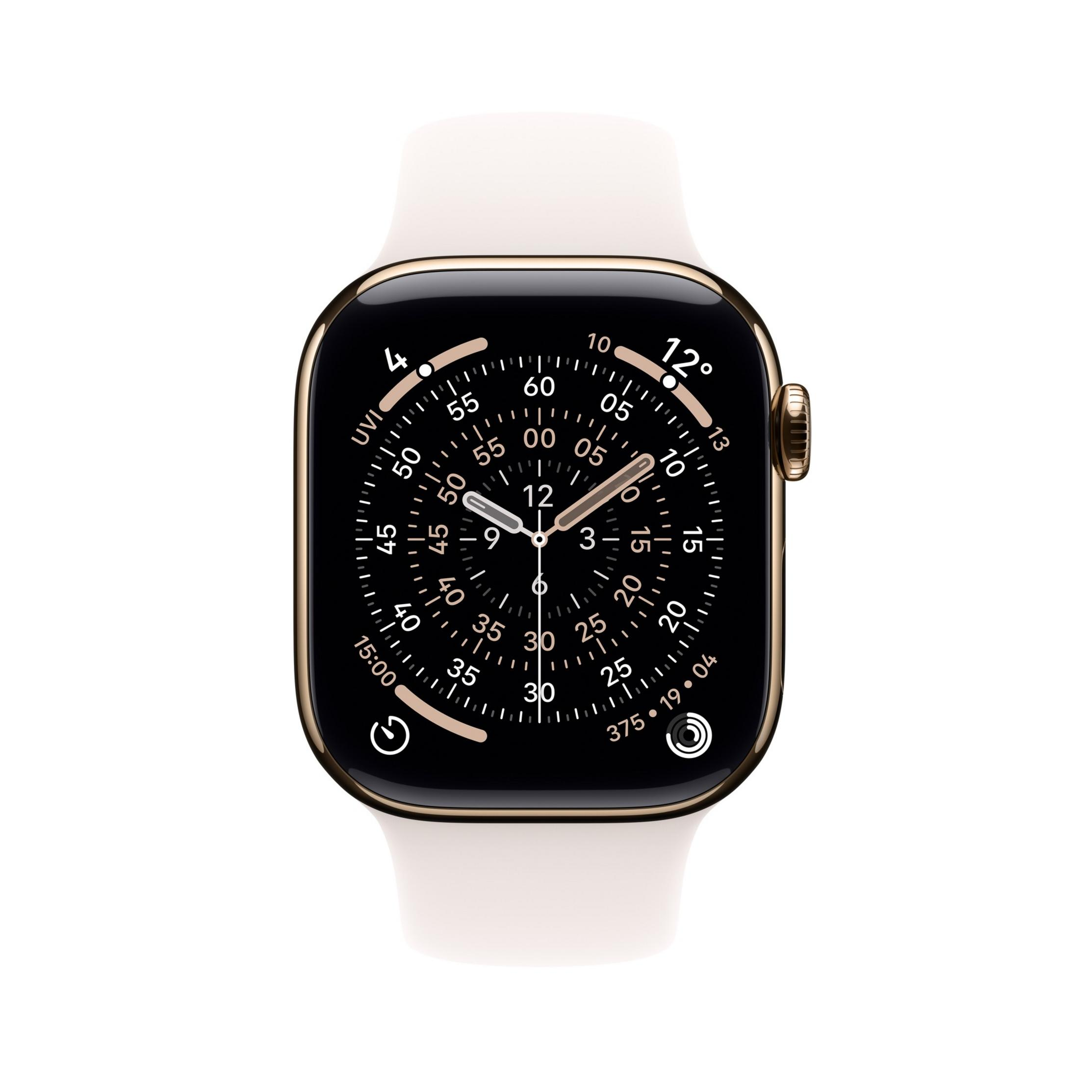 Orologio smart dorato con cinturino bianco e quadrante nero.