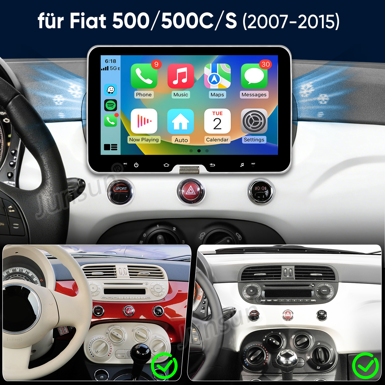 Ein Infotainment-Bildschirm für einen Fiat 500 mit Apps und Bedienelementen.