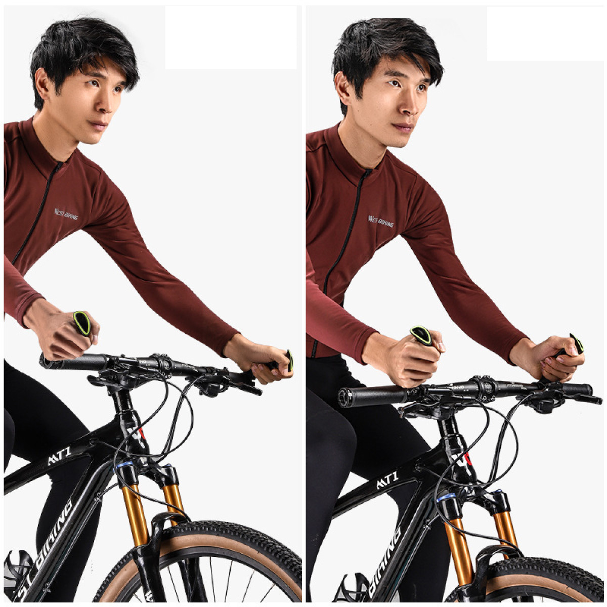 Ein Mann in einem roten Radtrikot fährt Fahrrad. Er hält den Lenker fest.