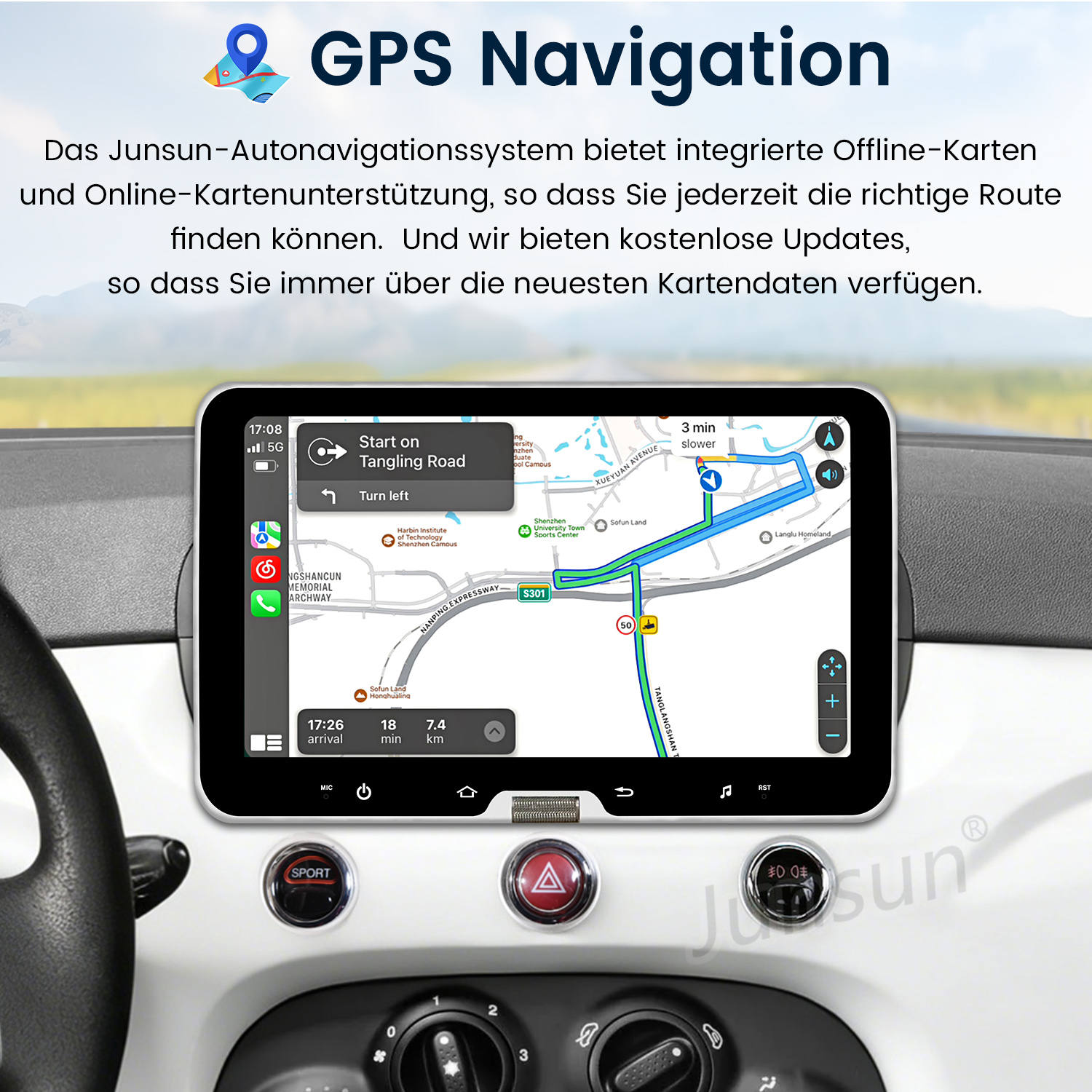 Navigationsbildschirm im Auto zeigt eine Route mit Verkehrsinformationen.