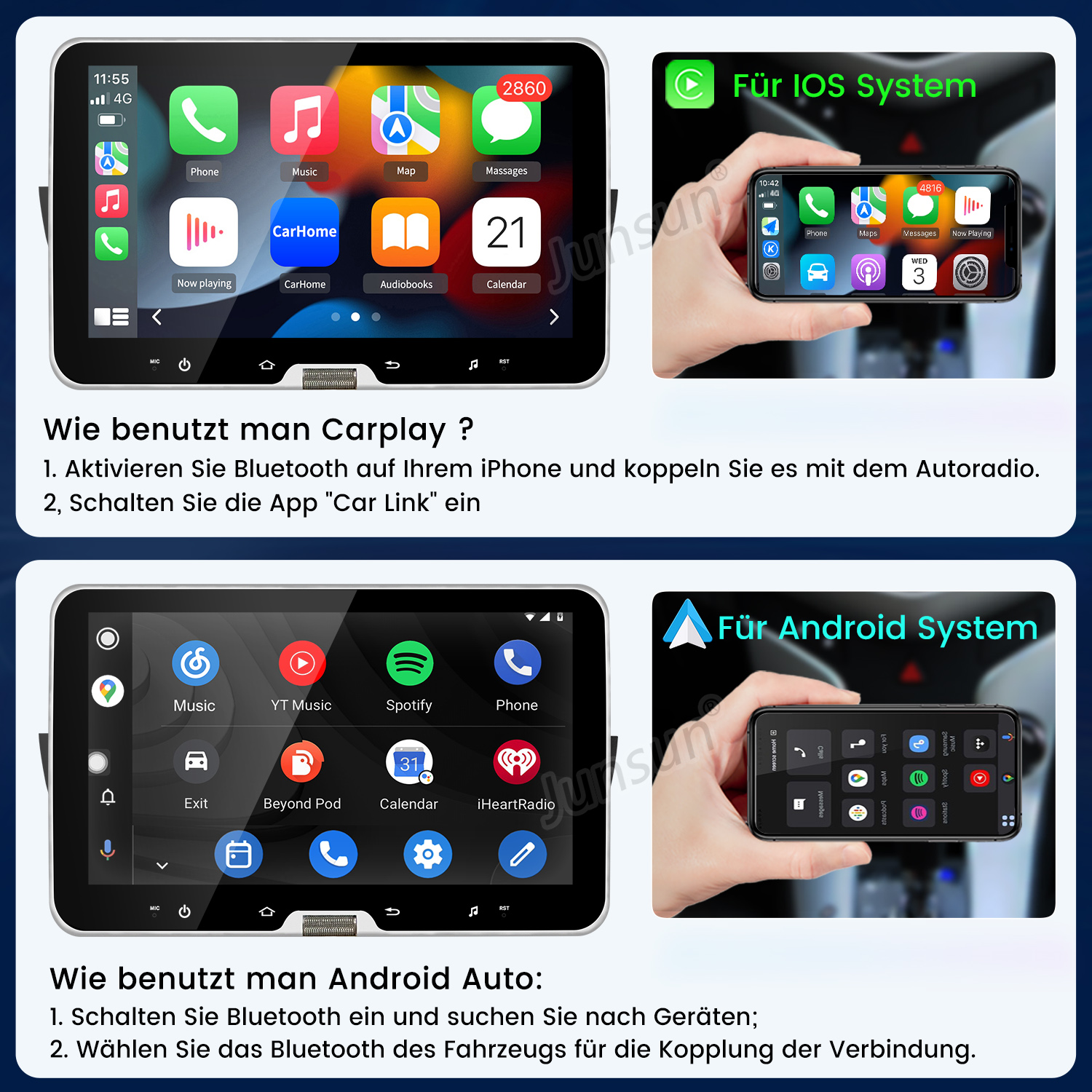 CarPlay und Android Auto auf Autoradios mit App-Icons und Anleitungen.