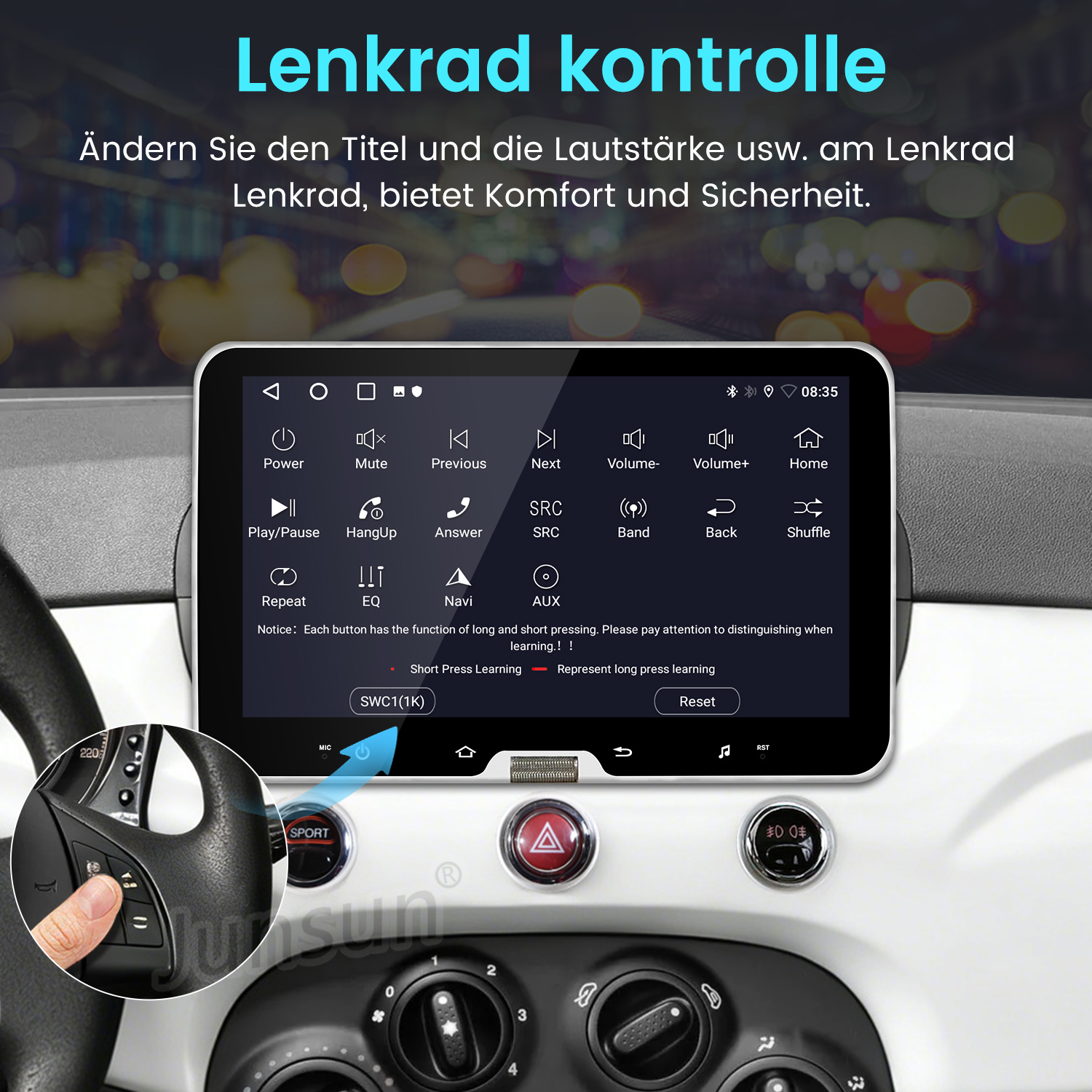 Ein Auto-Touchscreen zeigt Lenkradsteuerungen mit Symbolen und Text an.
