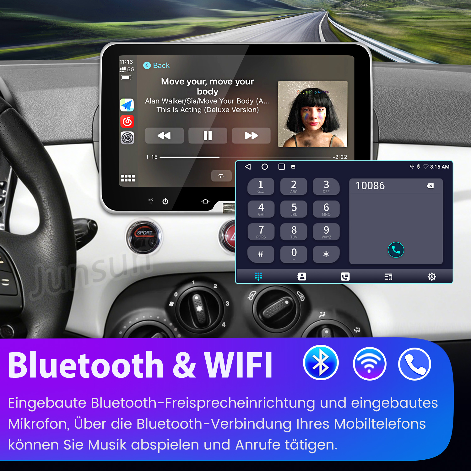 Auto-Infotainmentsystem mit Musik und Telefon-App, Lenkrad und Armaturenbrett.