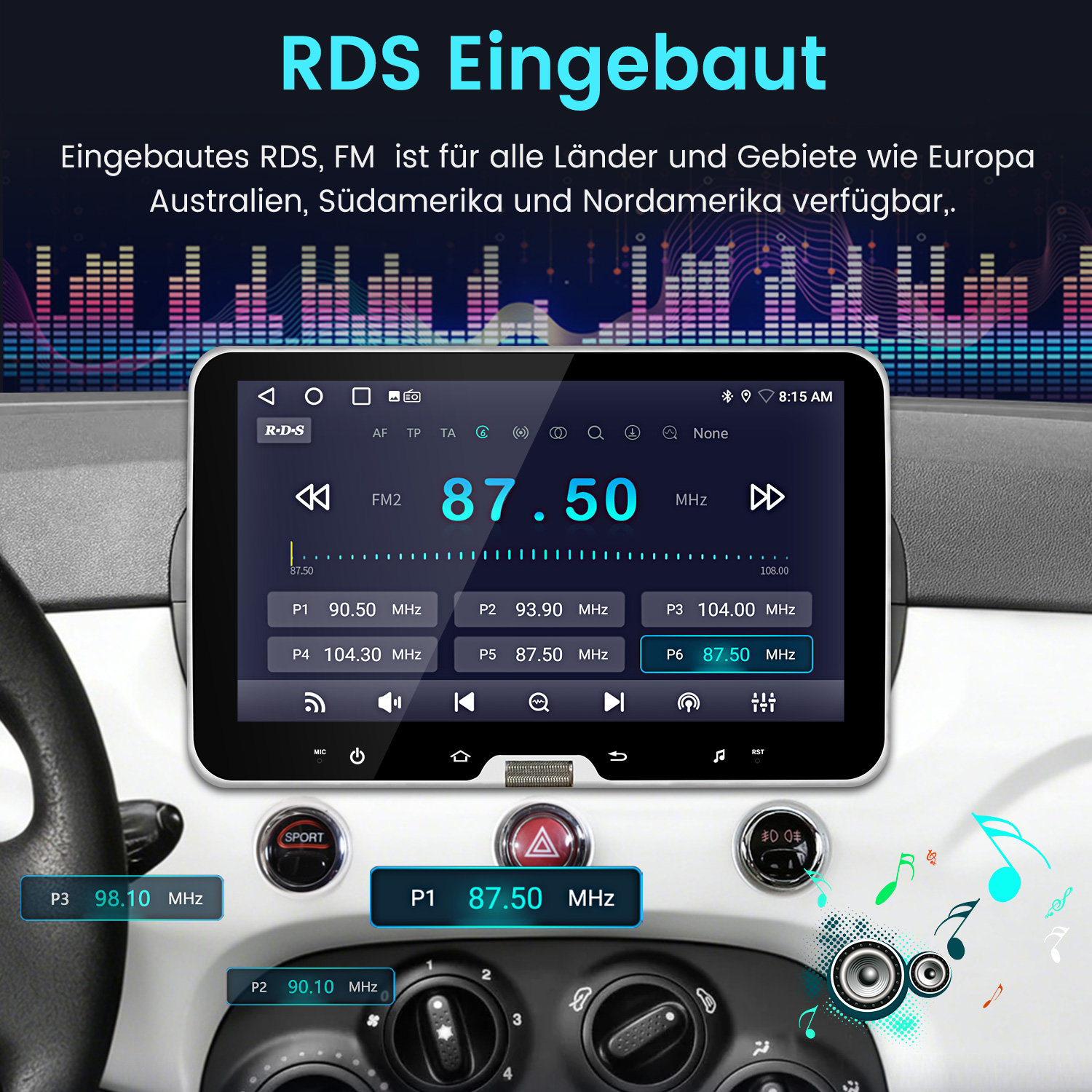 Autoradio-Touchscreen mit EQ-Visualisierung und Sendereinstellungen.