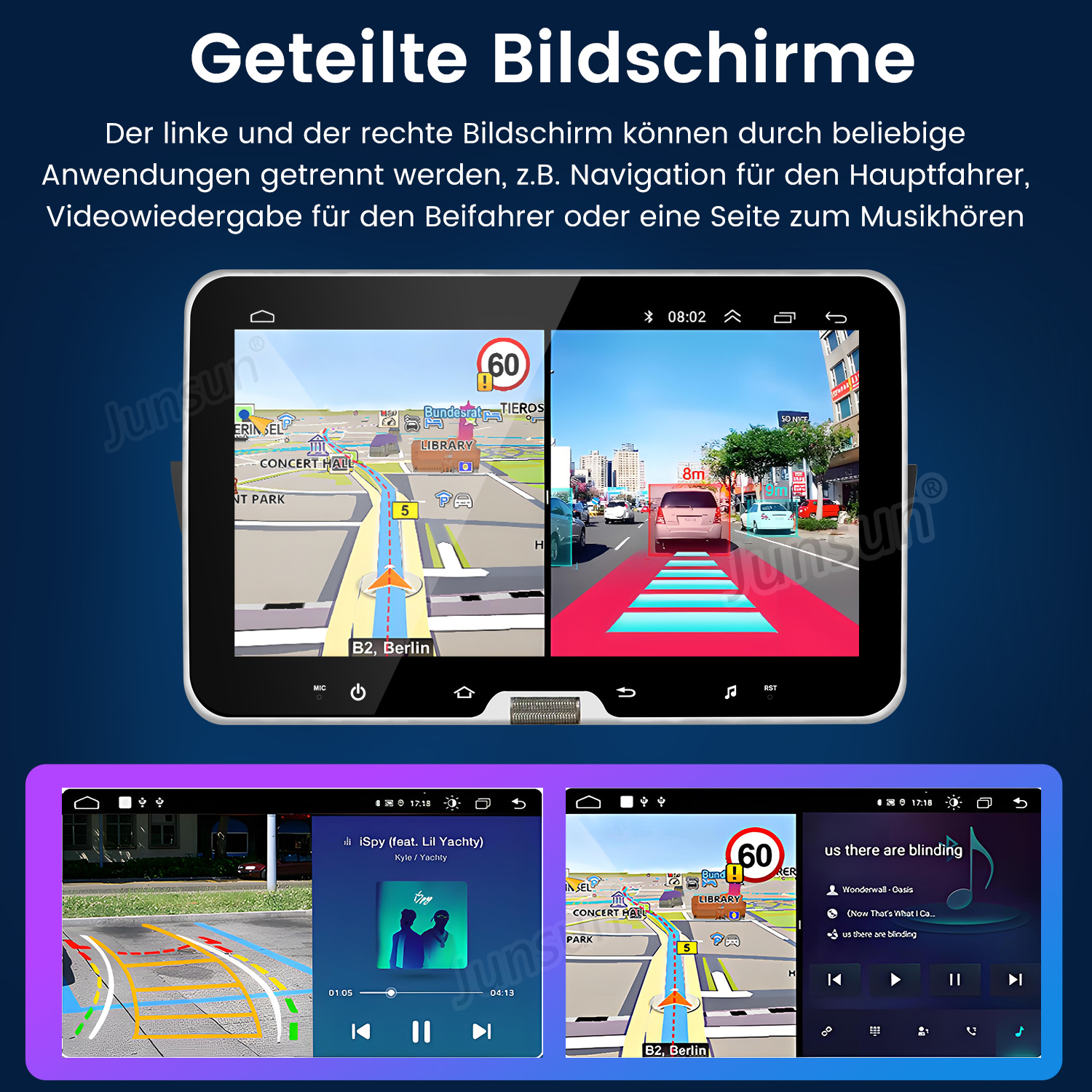 Zwei Bildschirme zeigen Navigation und Musikplayer-Apps nebeneinander.