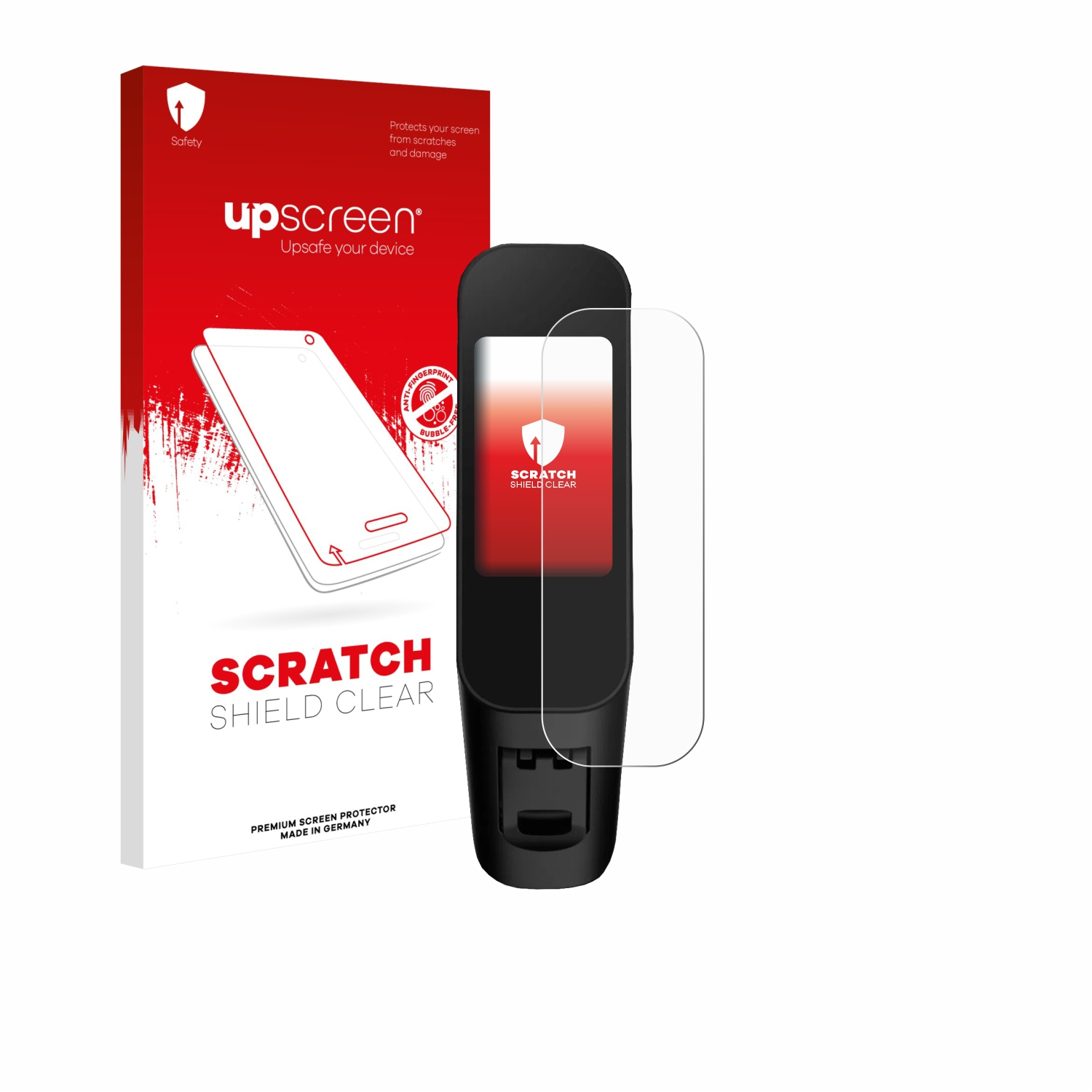 Verpackung mit Displayschutzfolie für ein schwarzes Gerät. "Scratch Shield Clear".