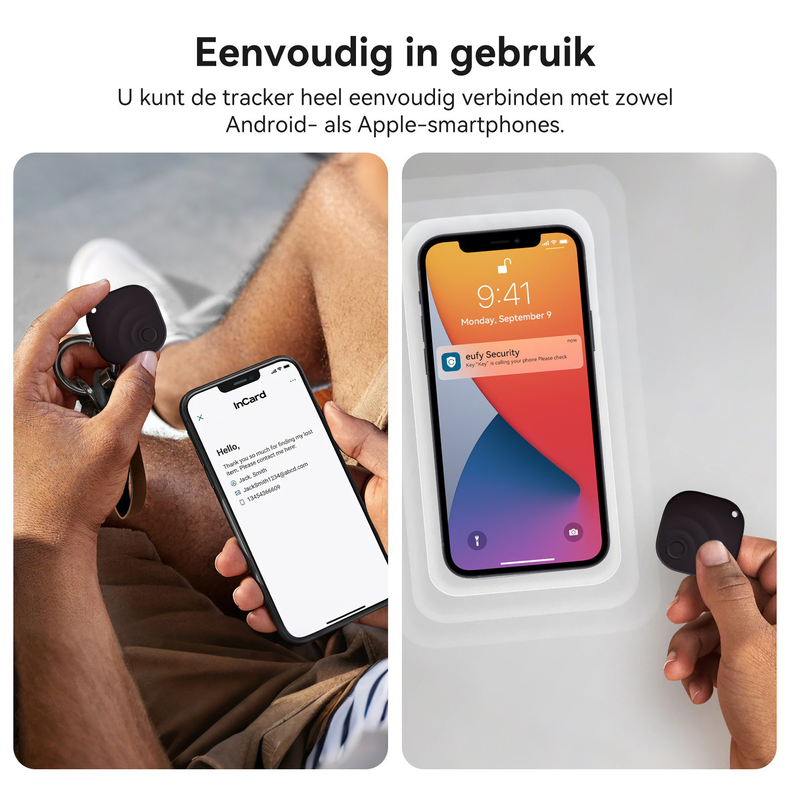 Eine Hand hält einen schwarzen Tracker und ein Smartphone mit einer Nachricht.
