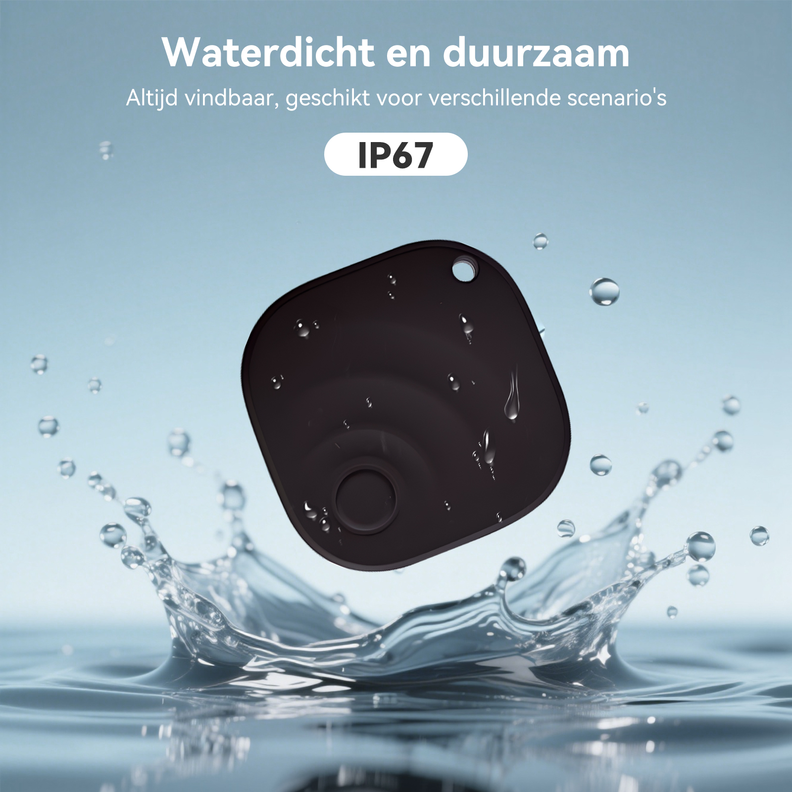 Schwarzer, wasserdichter Tracker mit IP67-Zertifizierung, der in Wasser fällt.