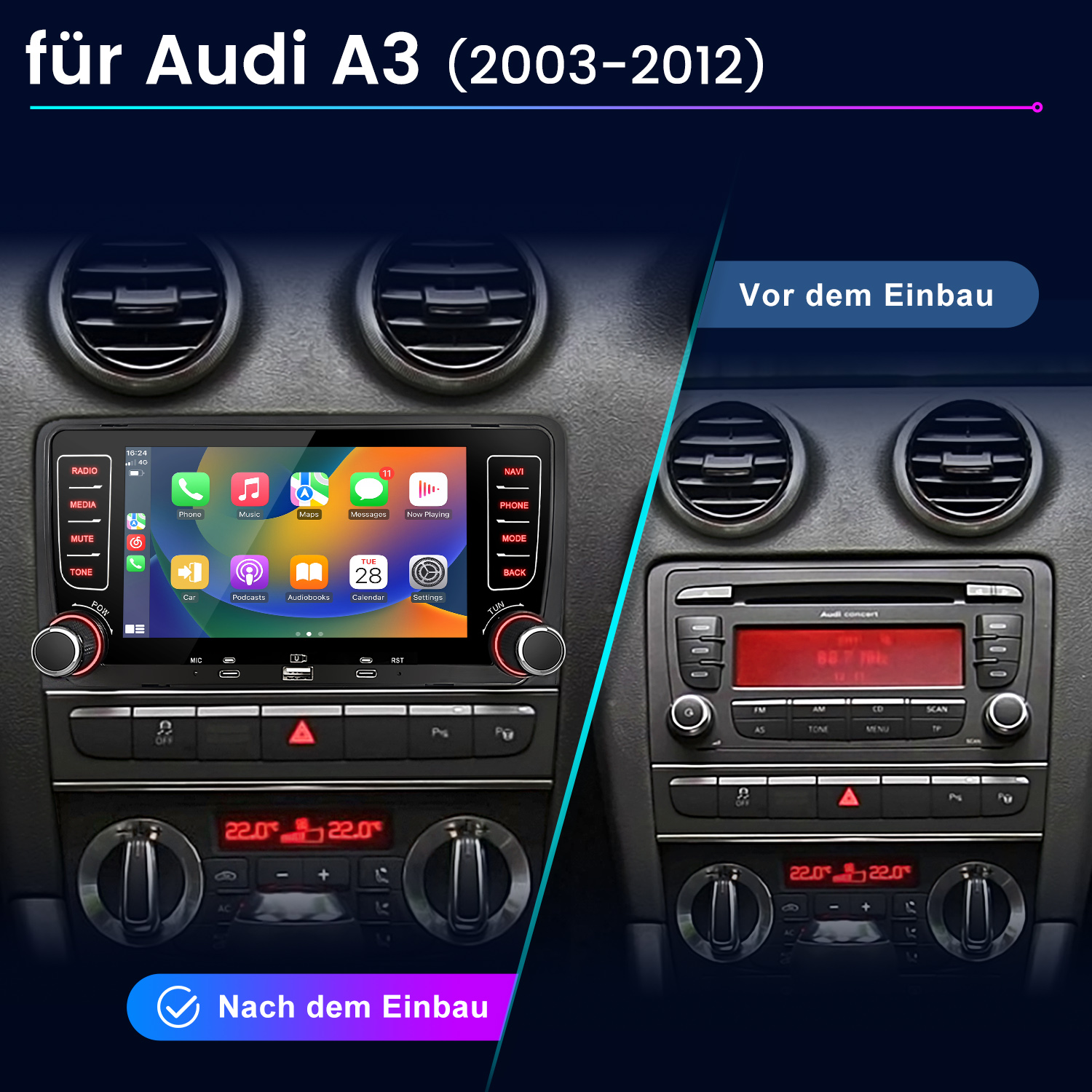 Vergleich eines Audi A3 Armaturenbretts: Vor und nach dem Einbau eines neuen Infotainmentsystems.