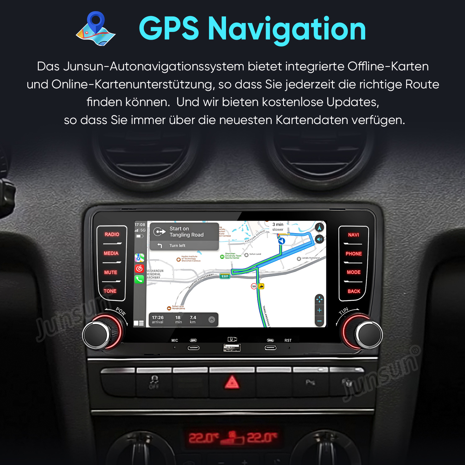 Auto-Navigationssystem mit GPS-Karte, Routenführung, Radiosteuerung und Klimaanzeige.