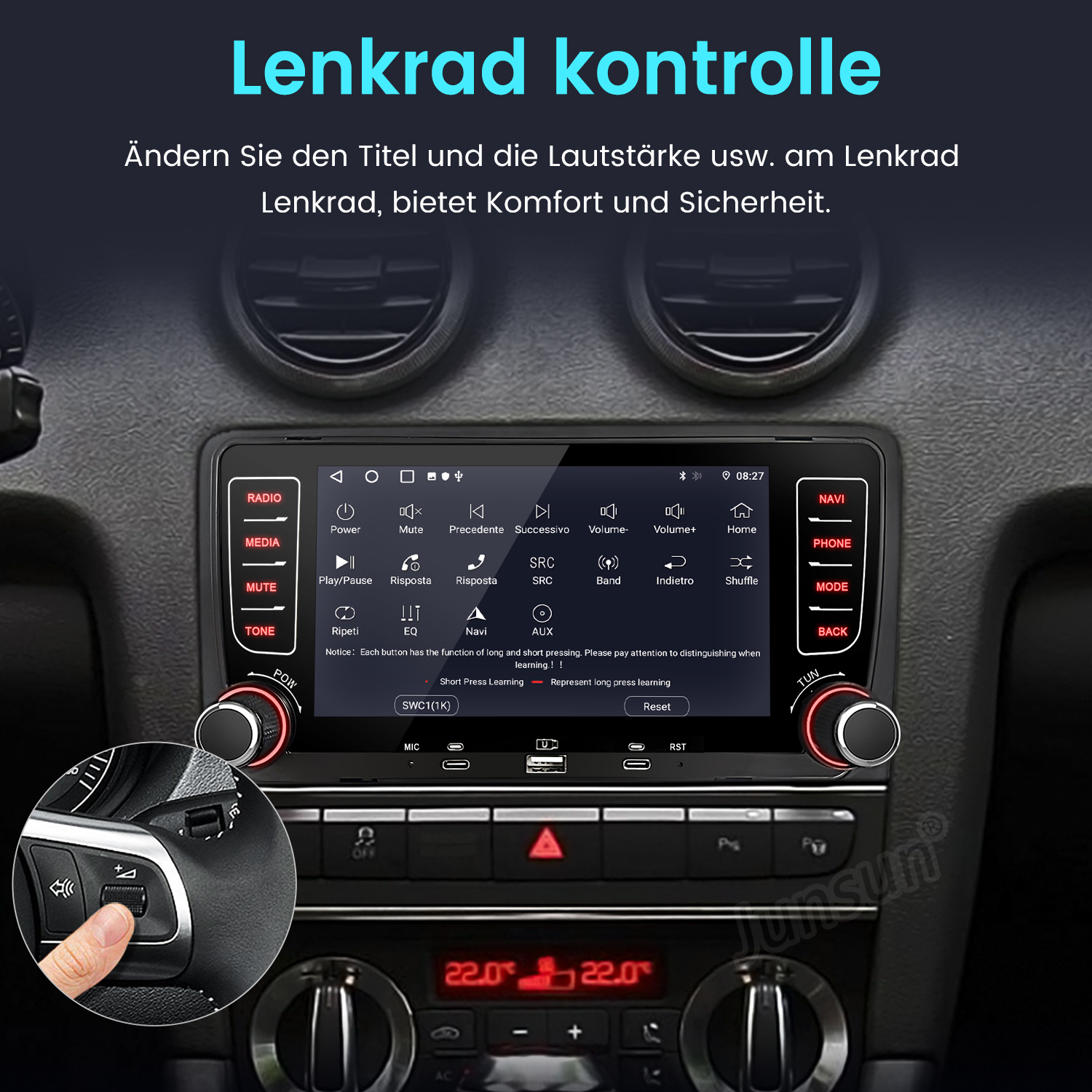 Ein Auto-Infotainment-System mit Lenkradsteuerungen und Touchscreen-Menü.