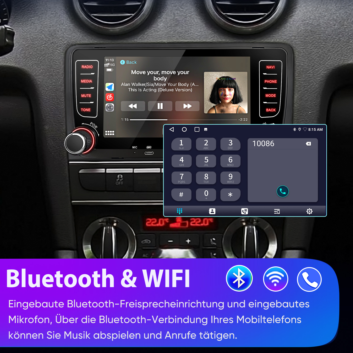 Auto-Infotainment-System zeigt Musikwiedergabe, Telefon-Tastatur und Bluetooth/WIFI-Symbole.