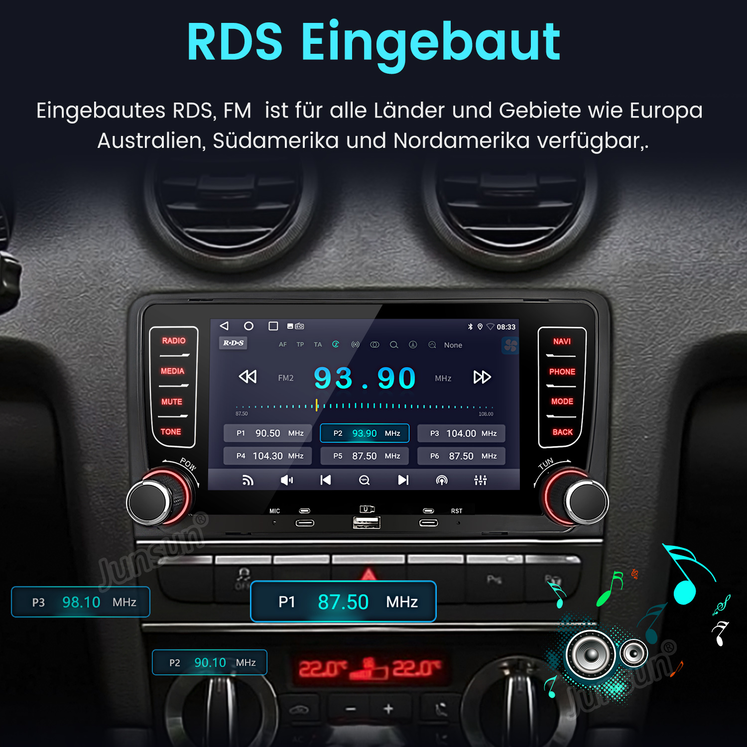 Ein Autoradio-Display zeigt FM-Sender mit Frequenzen und Speichertasten an.