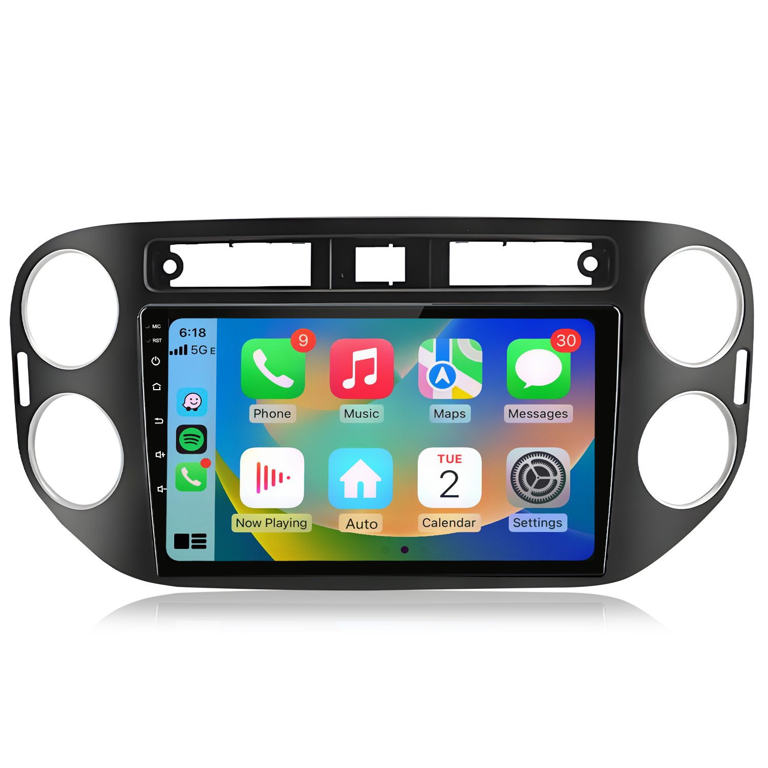 Ekran systemu infotainment samochodu z ikonami aplikacji.