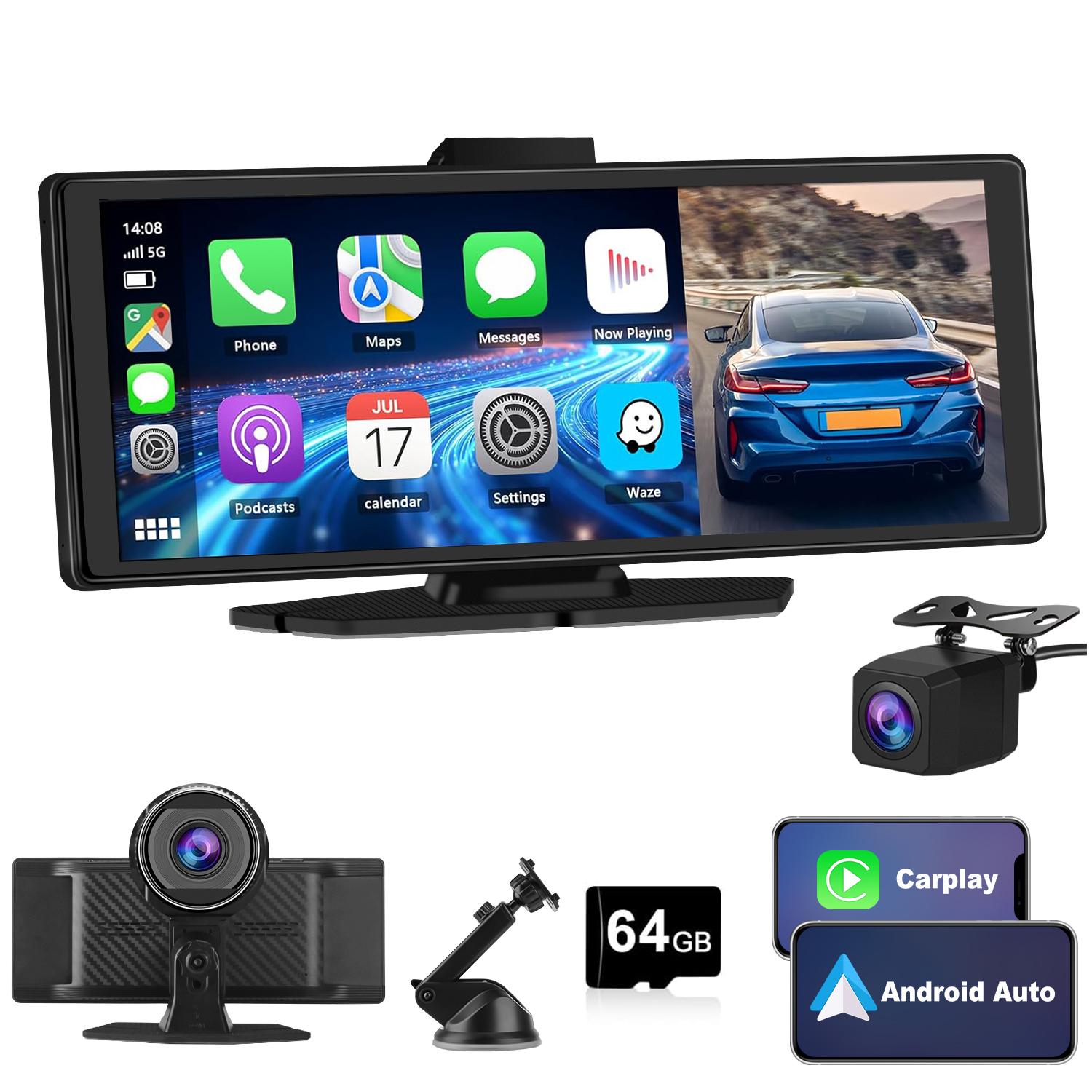 Display auto mostra icone e vista posteriore auto blu. Accessori come telecamere e scheda SD mostrati.