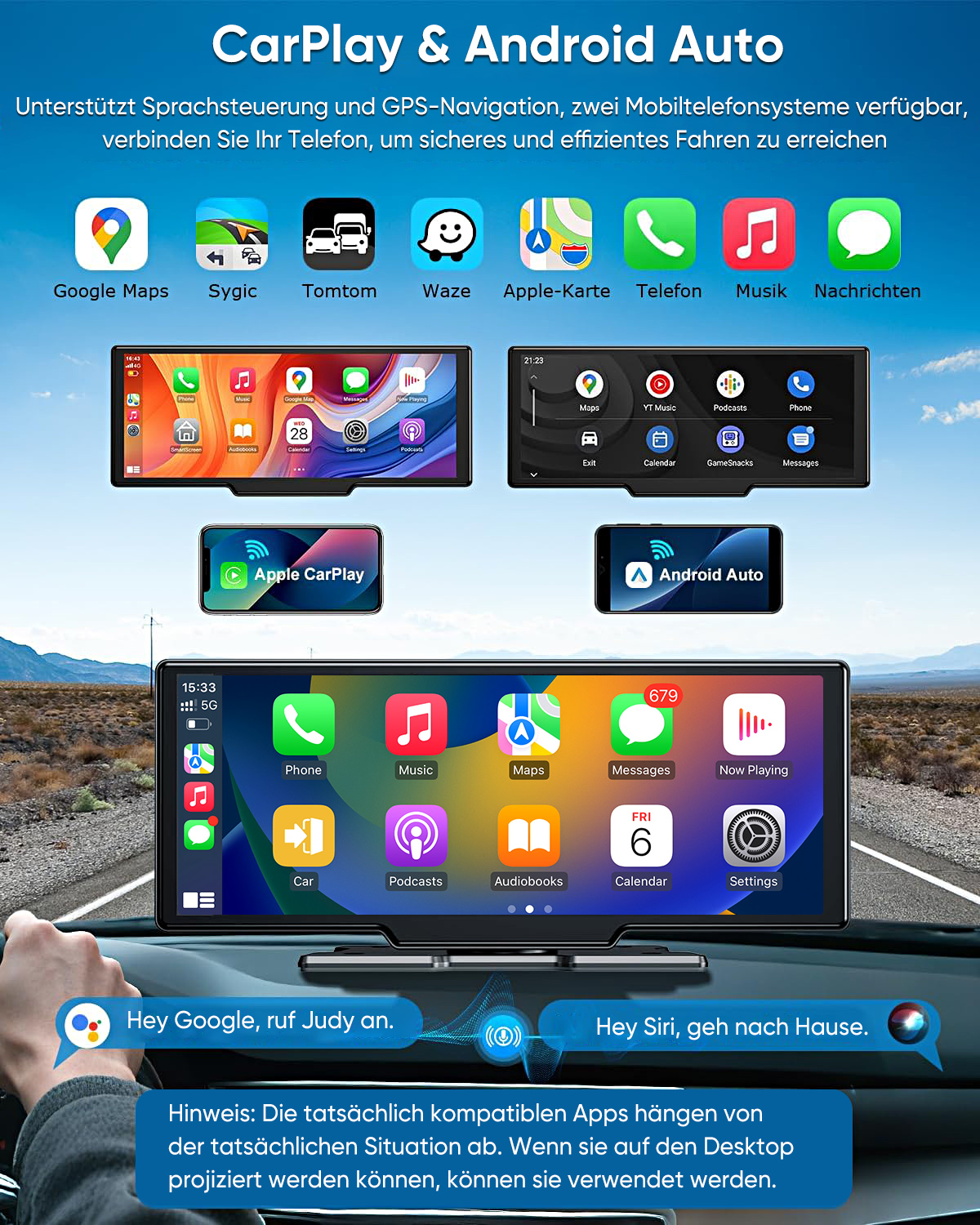 Autobildschirme mit CarPlay und Android Auto, Navigation und Apps.