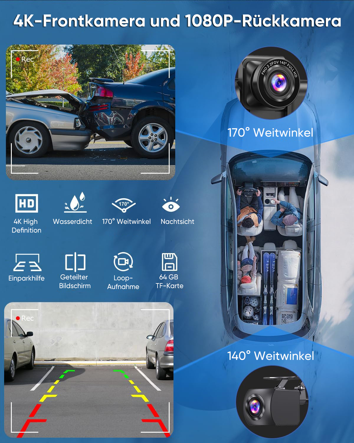 Detailansicht einer 4K-Frontkamera und 1080P-Rückkamera mit Auto-Innenraum, Unfall & Parkansicht.