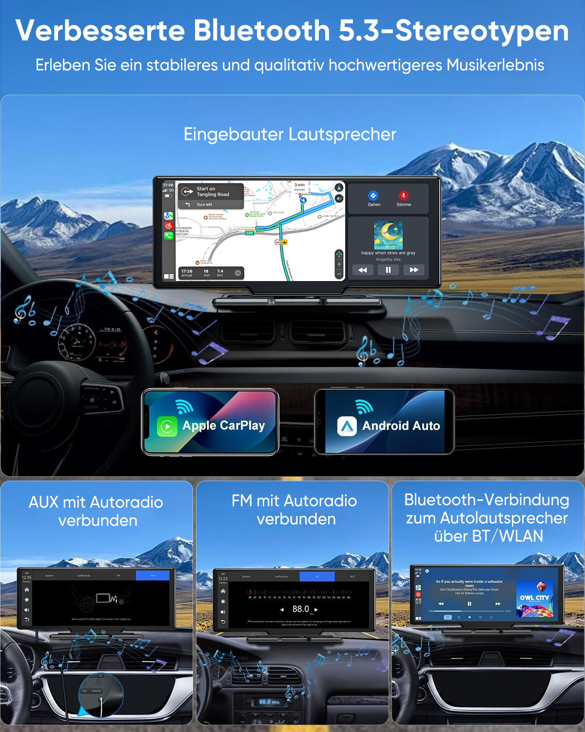 Auto-Innenraum mit drei Bildschirmen, die Navigations-, Musik- und Konnektivitätsoptionen zeigen.