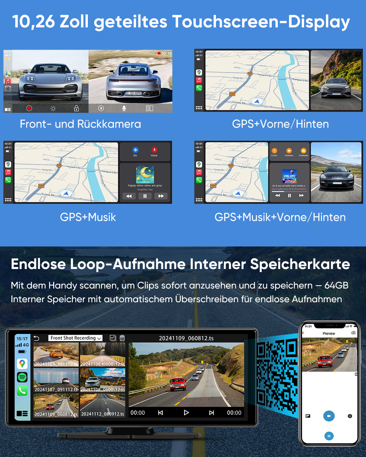 Touchscreen-Display mit Ansichten: Front-/Rückkamera, GPS, Musik.