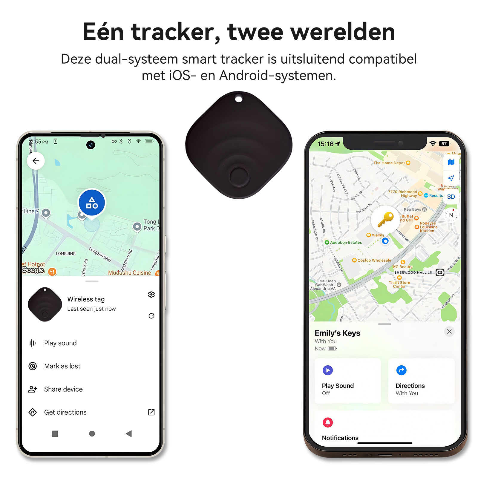 Schwarz, rautenförmiger Tracker neben zwei Smartphones, die Karten zeigen.