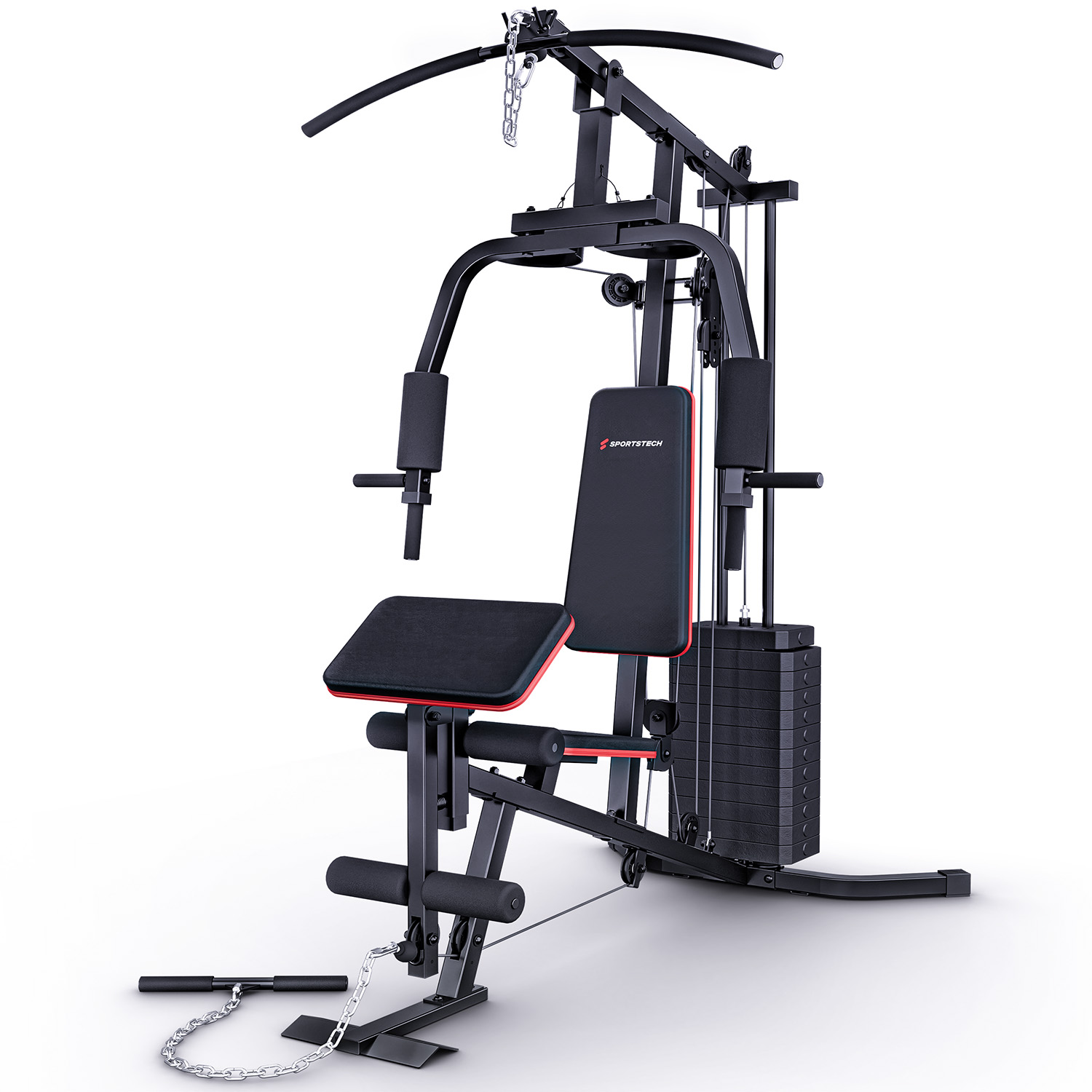 Ein schwarzes Fitnessgerät mit Sitz, Gewichten und Griffen, auf weißem Hintergrund.