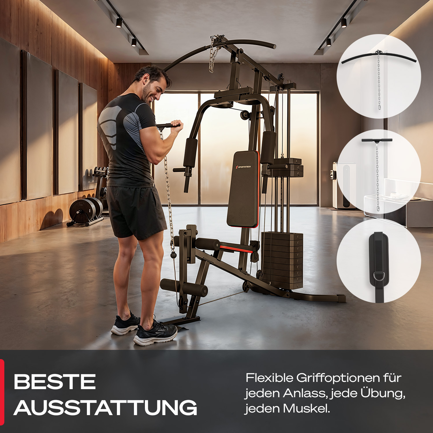 Mann trainiert Bizeps an Fitnessgerät. Mehrere Griffe sind abgebildet.