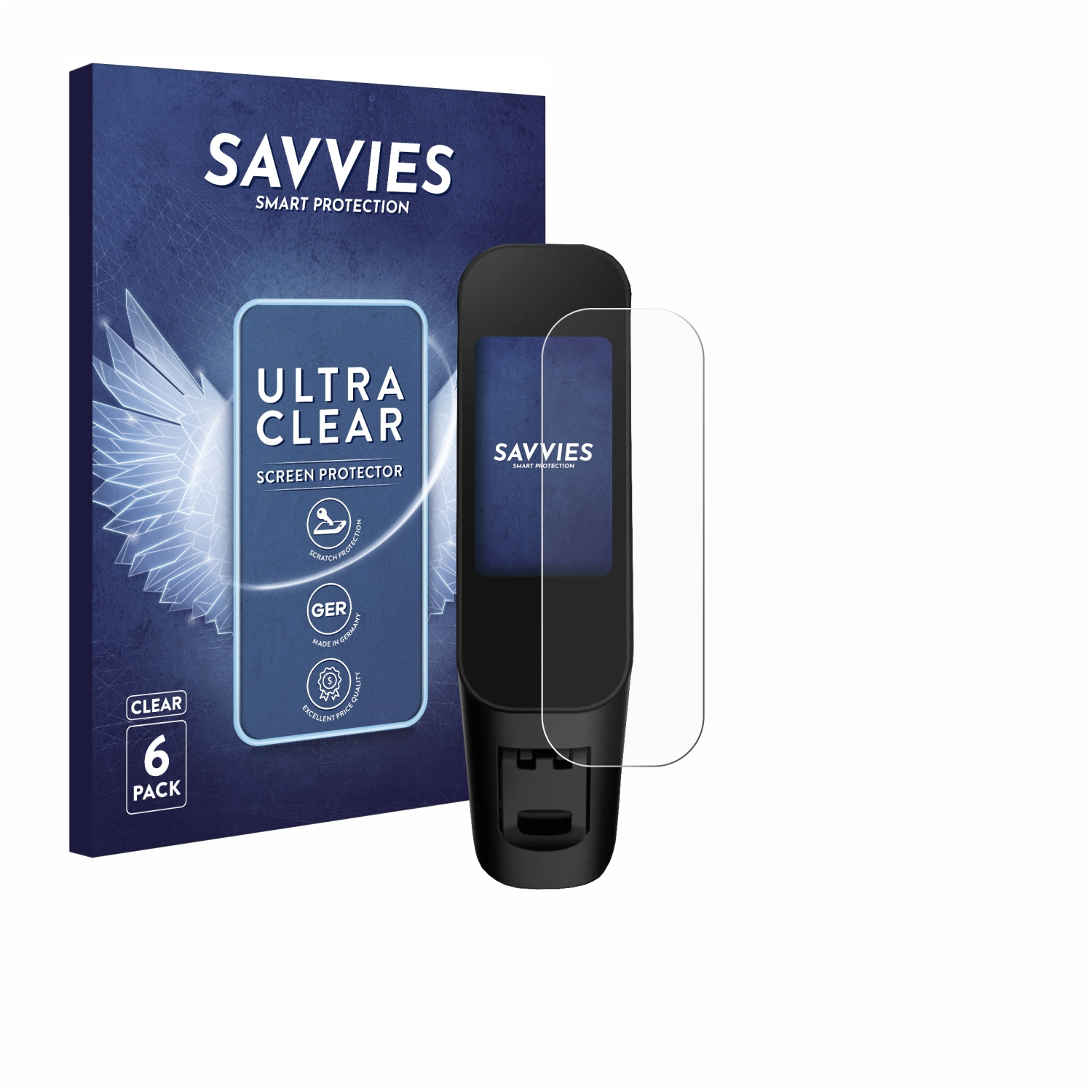 Savvies Ultra Clear 6er Pack Displayschutzfolie mit schwarzem Gerät.