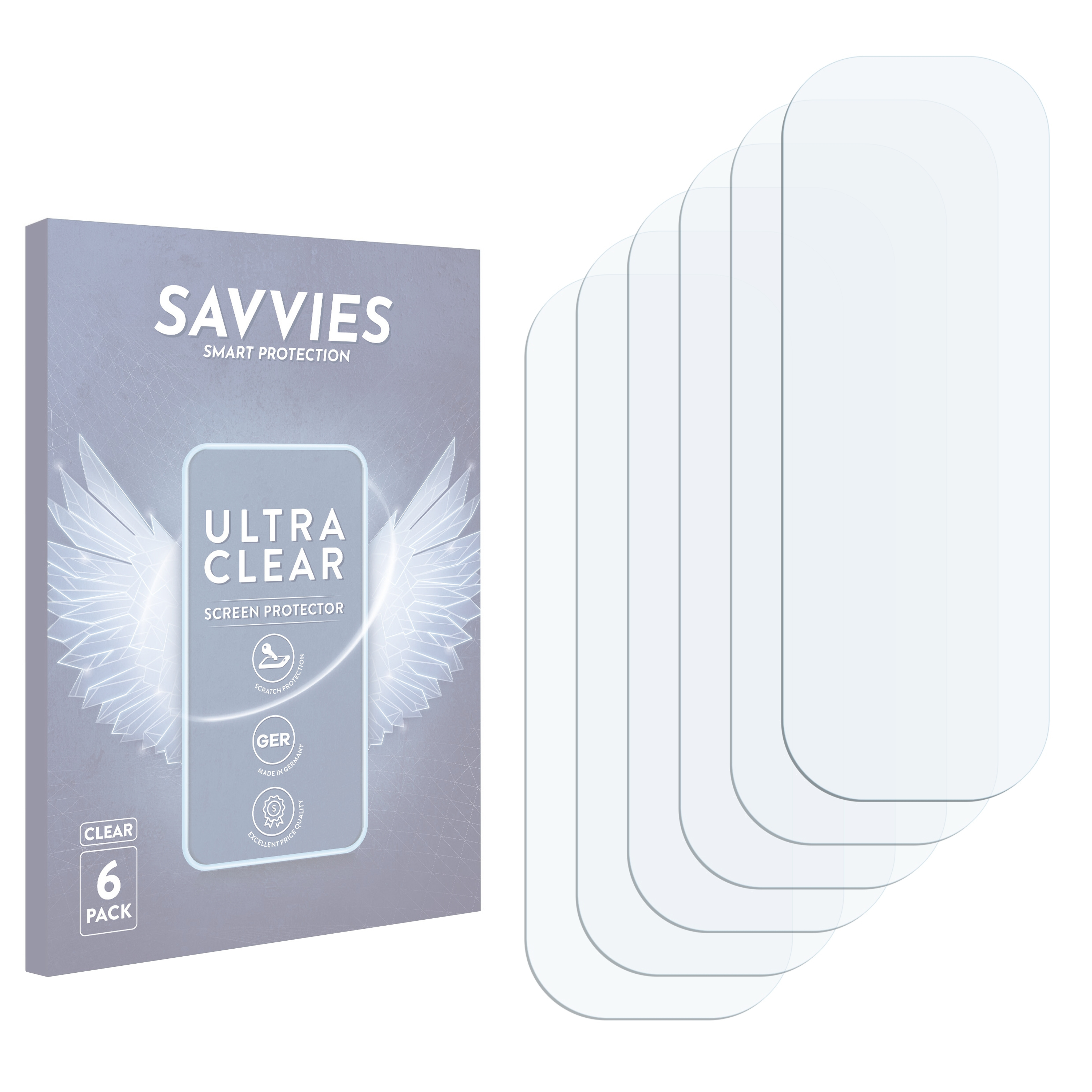 Savvies Ultra Clear Displayschutzfolien, 6er Pack. Box und Folien gezeigt.
